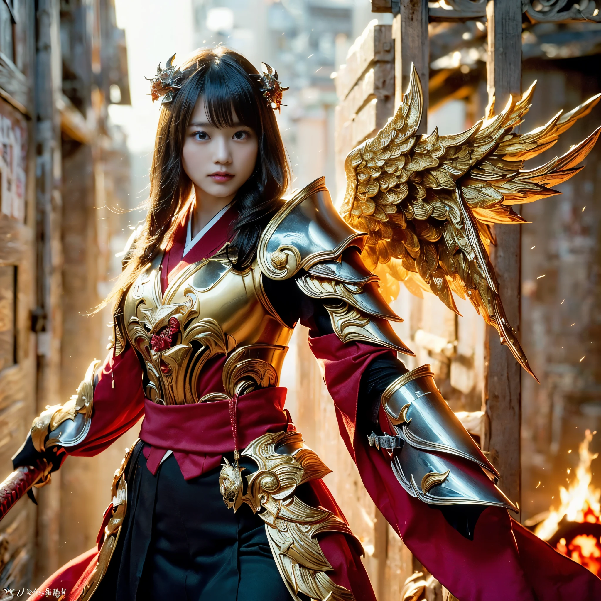 (((Realistic, masterpiece, best quality, crisp detail, high definition, high detail, very rich detail, sharp focus, sharp detail, colorful, perfect studio lightning))), ((20 years old goddess, kasumi arimura)),(((in the middle of war, epic war scene, attack stance))), wearing (((beautiful decorated golden heavy armor, dragon armor, decorated full body armor, fully armored beautiful kimono, wide golden wings))), (flying, swinging katana, blood scattered face, blood tears, blood bath, blood shed), (((fire everywhere, blood everywhere, death everywhere, japan bakumatsu period, dead bodies,carcass,burned japanese castle,hellish,chaos)) traditional village background)