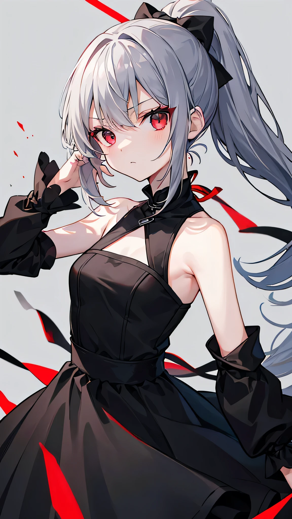8K、highest quality、masterpiece、gray hair、long ponytail、red eyes and black eyes、Stinking eyes、black dress、looking at the viewer、arms folded、girl、alone、