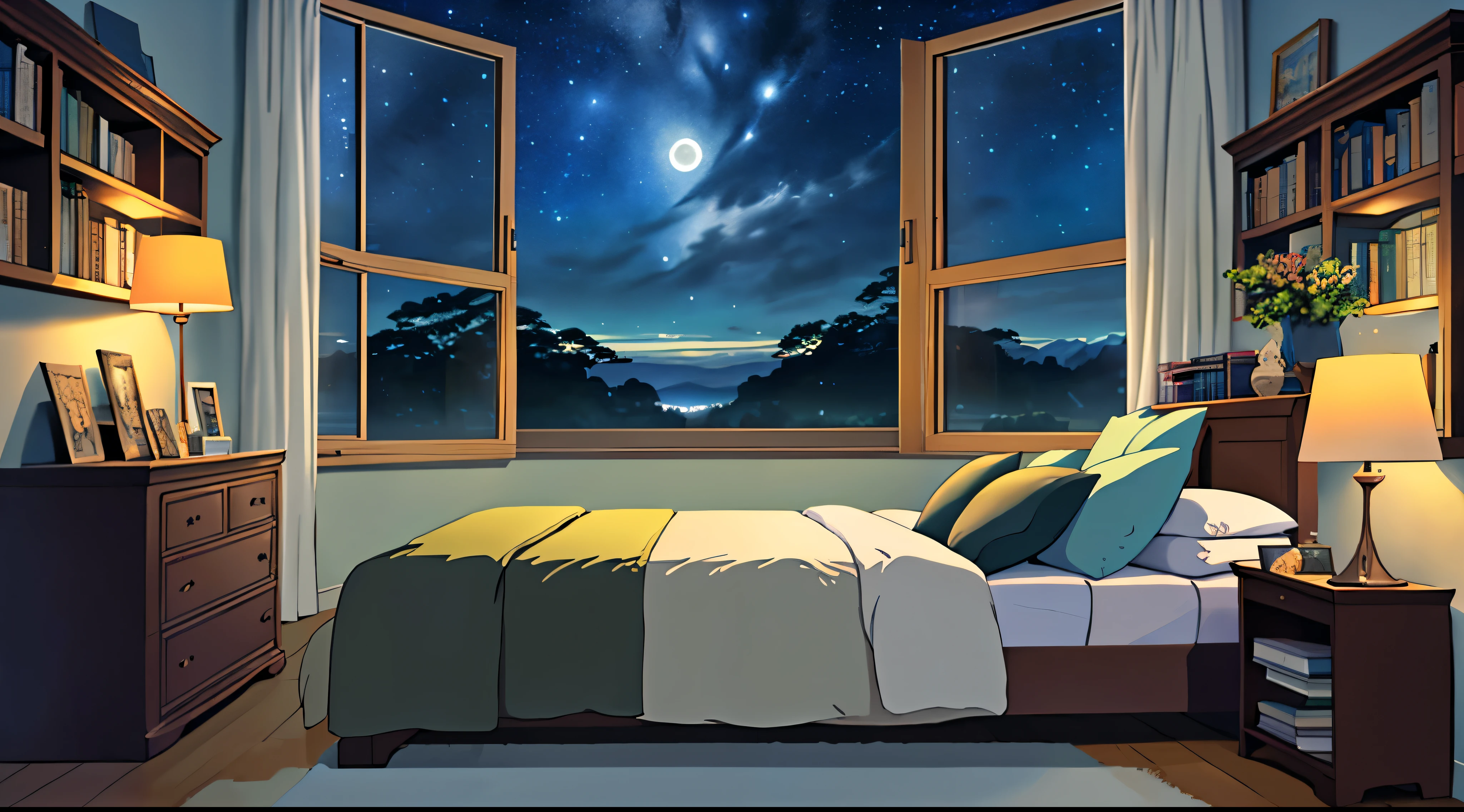 um quarto, cama no quarto, livros em estante, conforto, ht vision, Starry sky, luar, grandes janelas, estilo anime paisagem aconchegante, anime, Cores Ghibli, High definition, alta qualidade, Alto detalhe, super detalhe, obra de arte, At nig