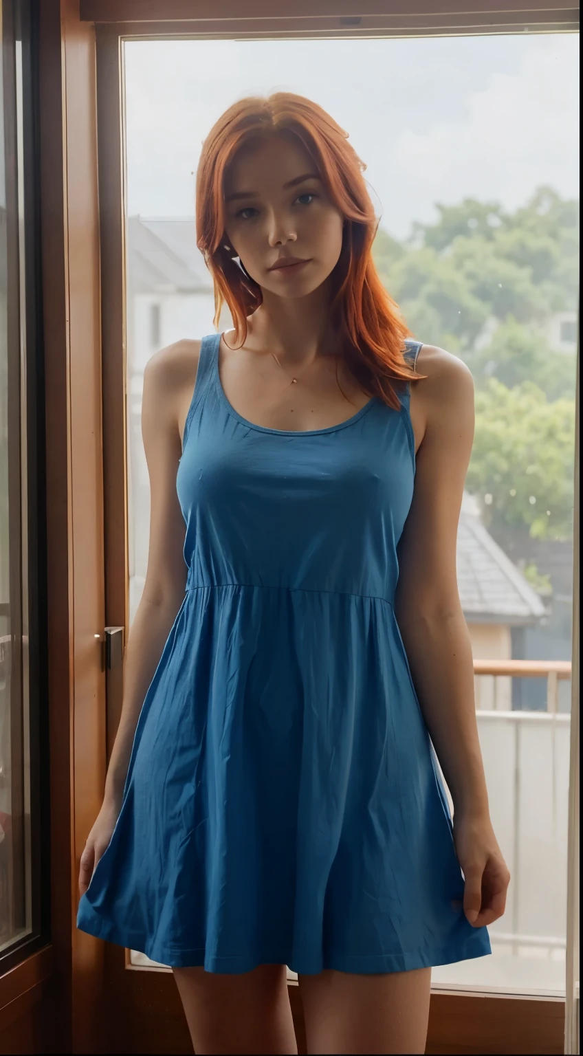 a woman in a blue dress standing in front of a window, reddit, a redheaded young woman, low quality video, ❤🔥🍄🌪, wearing a tanktop