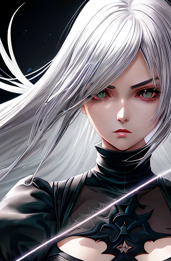 20th generation,1 woman,anime,cool beauty,silver hair,beautiful face,sharp outline,feminine eyebrows,whole body,medium long hair,ruins,YoRHa unit clothing,whole body,