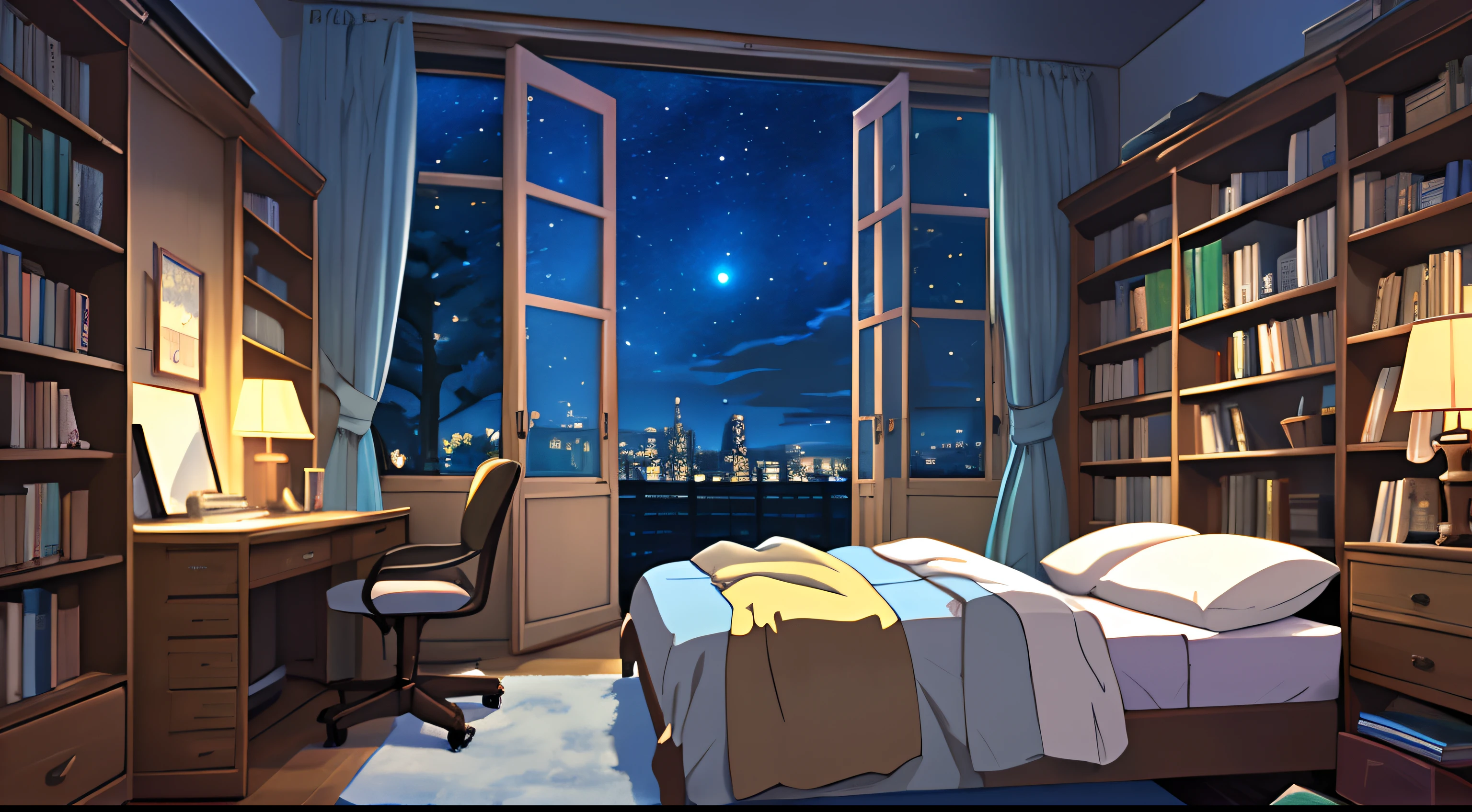 messy room, cama no centro do quarto, livros em estante, conforto, night vision, Starry sky, luar, grandes janelas, estilo anime paisagem aconchegante, anime, Cores Ghibli, High definition, alta qualidade, Alto detalhe, super detalhe, obra de arte