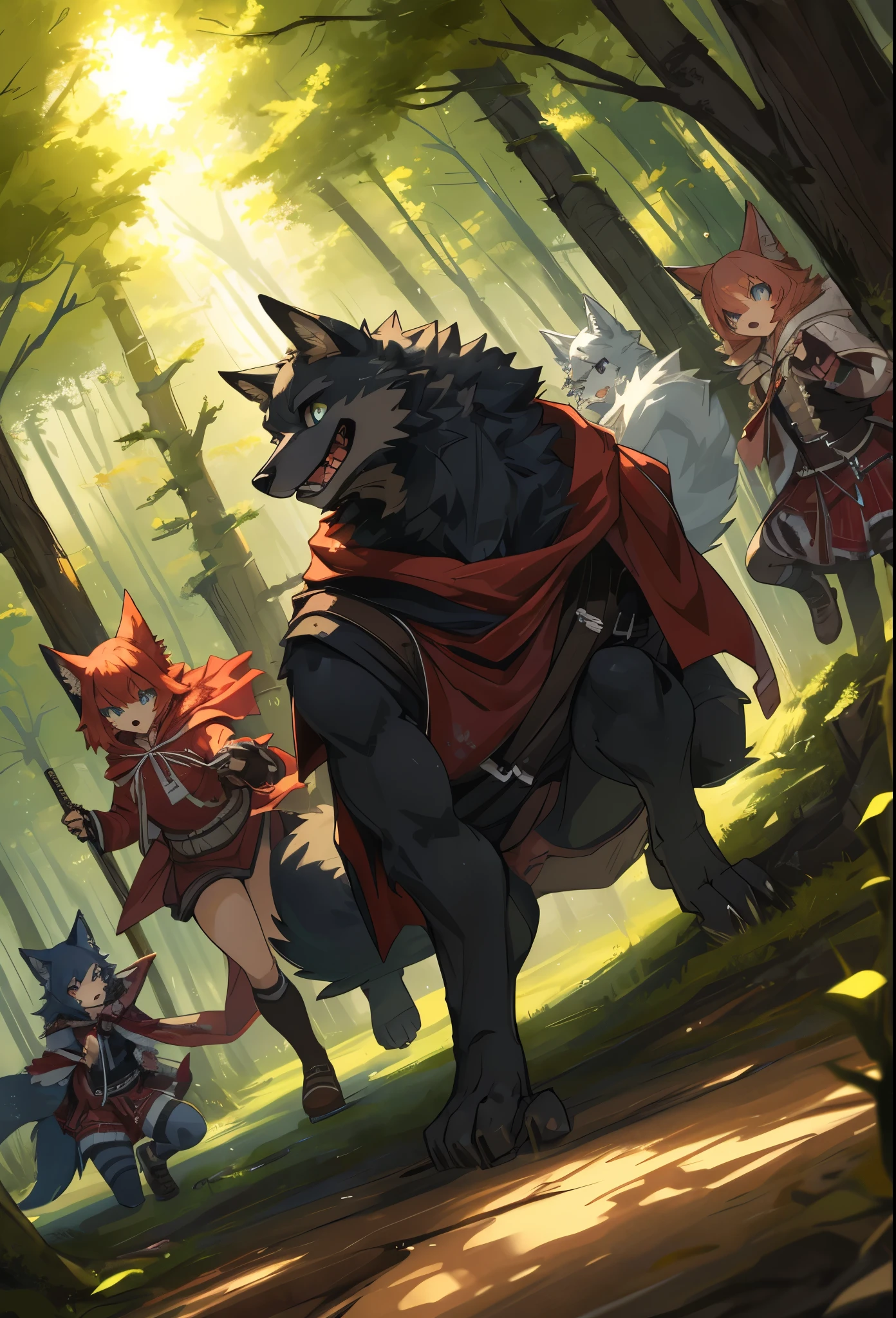 top quality, best quality, High-quality illustrations, masterpiece, super high resolution, detailed background, Little Red Riding Hood, forest, A wolf chases a girl, 6+boys, 6+girls, absurdres(highly detailed beautiful face and eyes)perfect anatomy, expression, good lighting, cinematic shadow(kemono, furry anthro)assorted poses, dynamic angle,