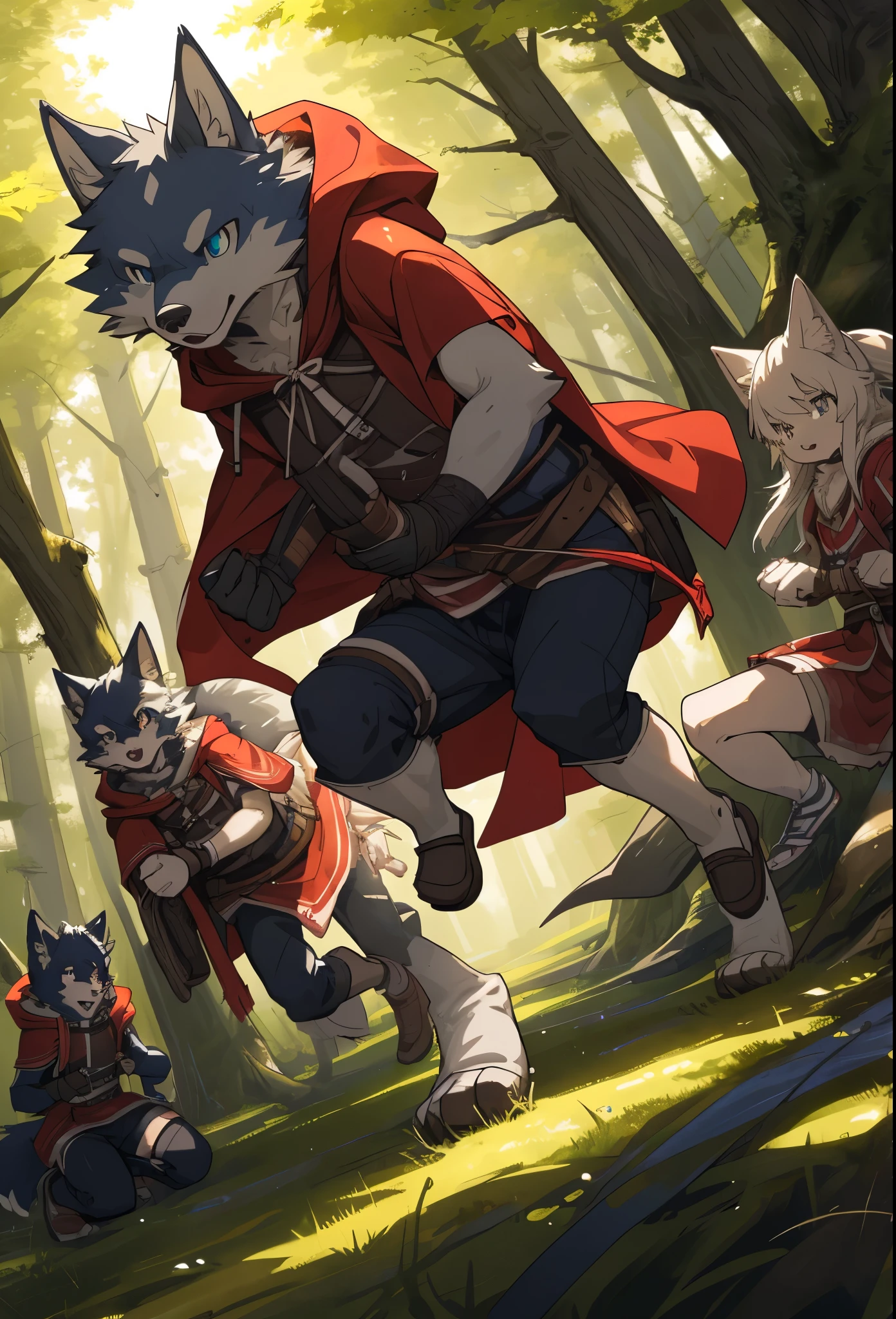 top quality, best quality, High-quality illustrations, masterpiece, super high resolution, detailed background, Little Red Riding Hood, forest, A wolf chases a girl, 6+boys, 6+girls, absurdres(highly detailed beautiful face and eyes)perfect anatomy, expression, good lighting, cinematic shadow(kemono, furry anthro)assorted poses, dynamic angle,