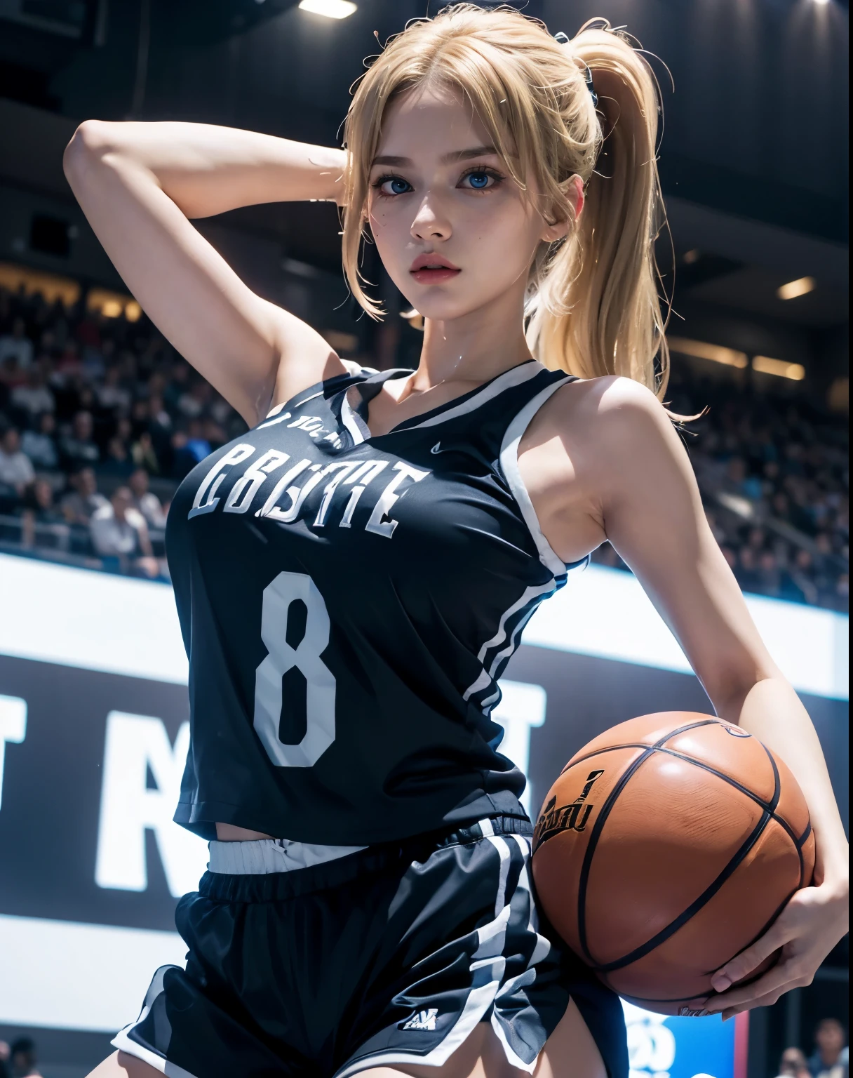 1girl, (blue eyes), (angry face), (Sana Minatozaki), wide hips, Big tits, big ass, (Best Quality, 8k, Masterpiece: 1.3), Clear Focus: 1.2, Perfect Body Beauty: 1.4, Highly detailed face and skin texture, detailed eyes, double eyelids, (blond long pony tail hair :1.2), (basketball jersey :1.2), (basketball shorts :1.3), standing, dynamic pose, in a basketball stadium 