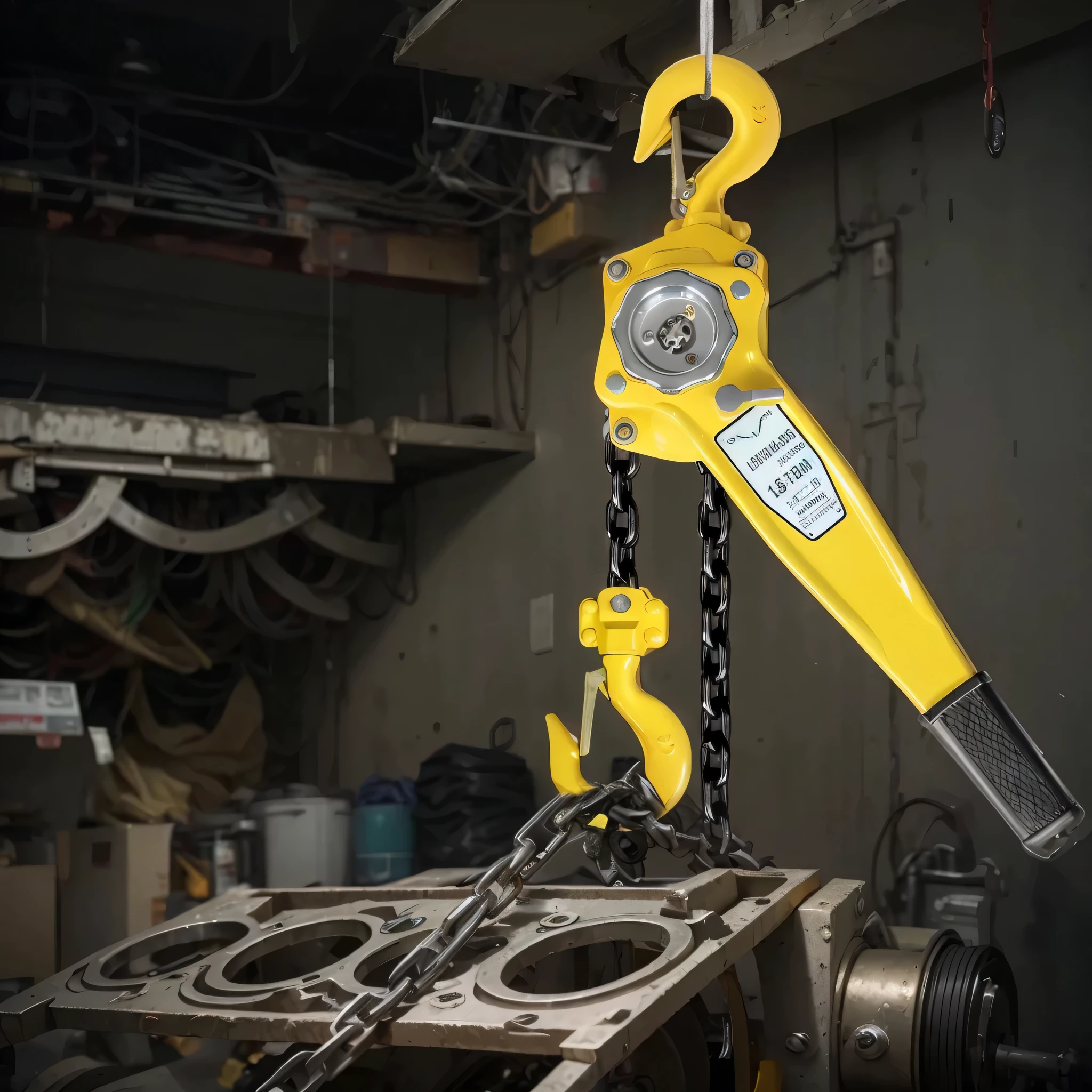 There is a crane,There's a chain hanging on it, High quality product image”, high quality mechanical, high angle close-up shot, 产品close-up photo, full scenery shot, portrait shooting, surreal, portrait, Close-up - view, lever, big chain, close-up photo, Robotic arm, HD, industrial photography, wrench, very strong