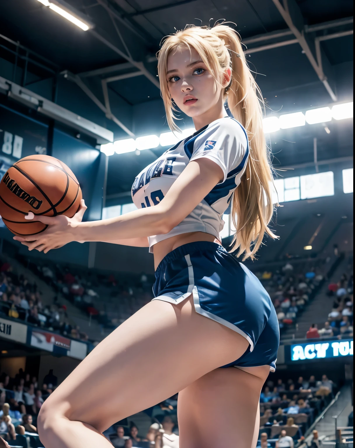 1girl, (blue eyes), (angry face), (Sana Minatozaki), wide hips, Big tits, big ass, (Best Quality, 8k, Masterpiece: 1.3), Clear Focus: 1.2, Perfect Body Beauty: 1.4, Highly detailed face and skin texture, detailed eyes, double eyelids, (blond long pony tail hair :1.2), (basketball jersey :1.2), (basketball shorts :1.3), standing, dynamic pose, in a basketball stadium 