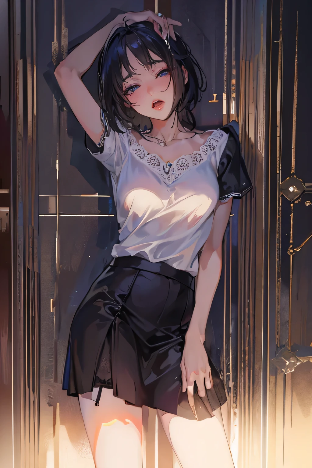 Around 40 years old, (Elegant and well-proportioned body shape), (Fitted skirt), (high heels), (bob hair), (garter stocking with anklet), wince,(orgasm:1.5),waiting for tongue,(Delicate and elegant light makeup), Delicate and beautiful fair skin, Detailed facial description with double beautiful eyes, Gentle eyes that shine with youth and innocence, Expressing the amazing beauty of youth, Adorable Japan Woman, A beautiful portrait that captures her enchanting charm. (8k, highest quality, masterpiece: 1.2), (Realistic and photorealistic: 1.37)