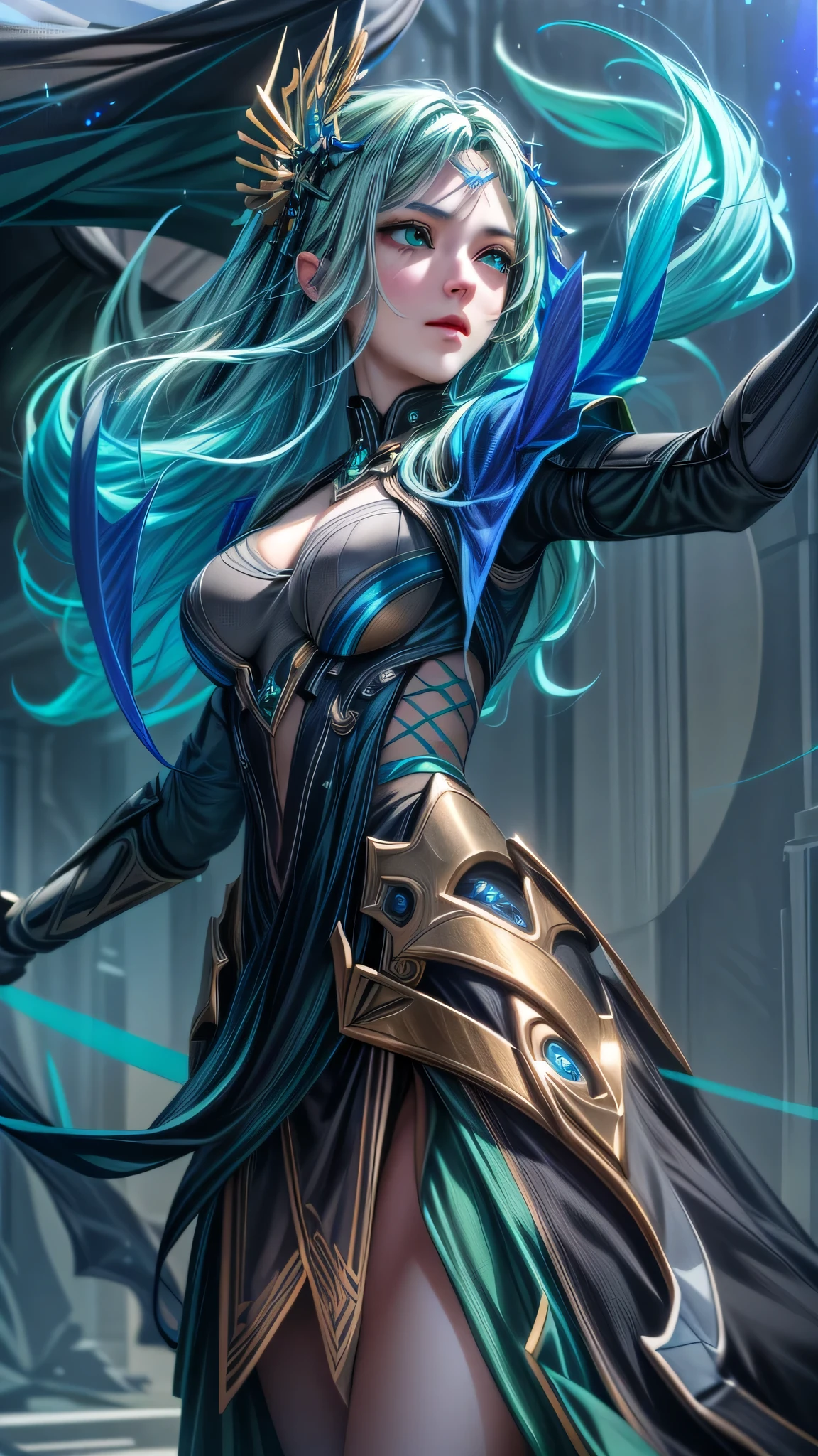 Best quality, masterpiece, ultra high res, (photorealistic:1.4), 1girl wearing a head ornament, green eyes, blue-green hair, professional lightning, sharp focus, deep shadow, (extremely detailed CG unity 4k fhd wallpaper), 8k.