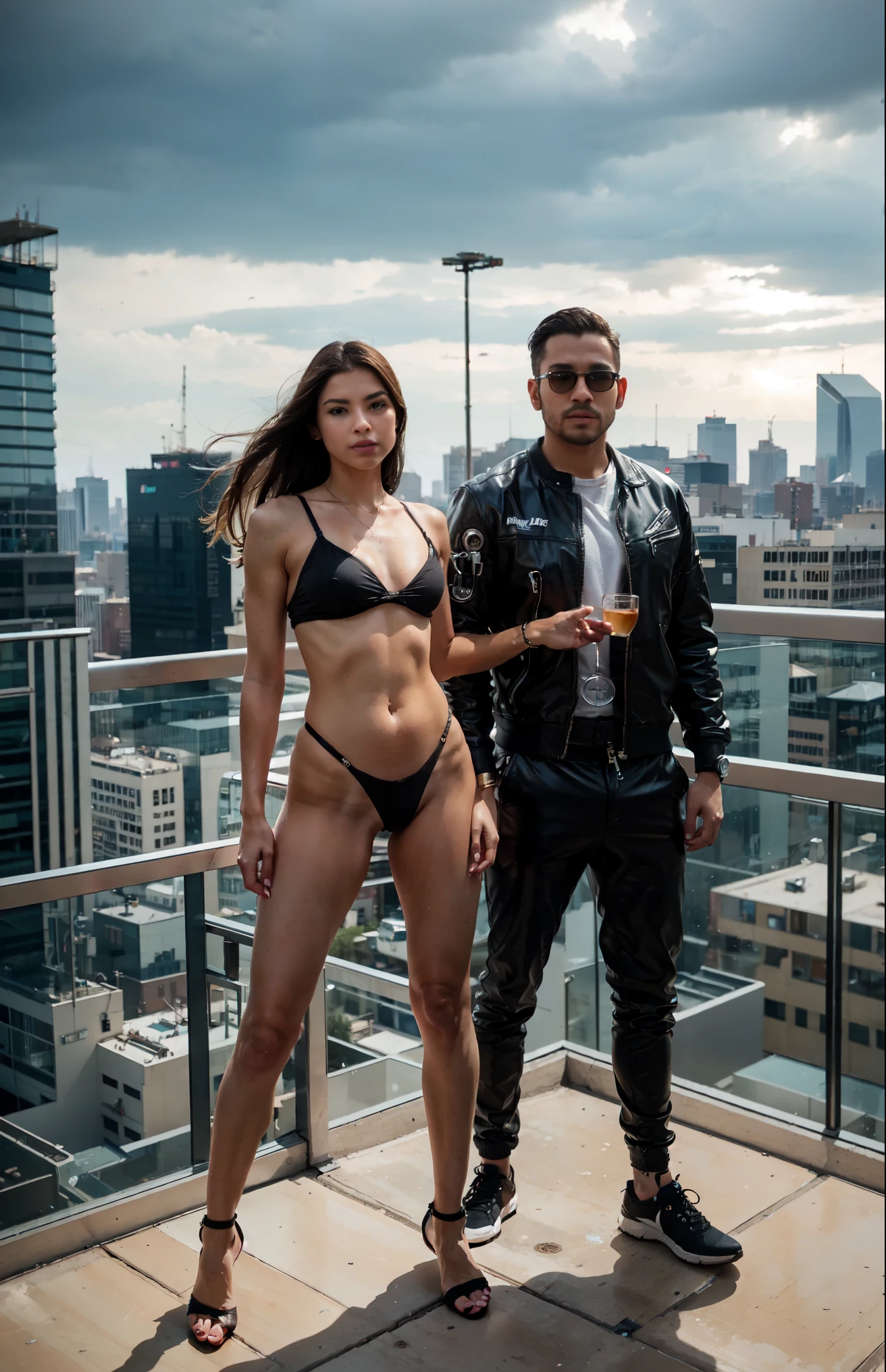 Sexual relationship between a male cyborg and a female cyborg on the roof of a skyscraper, high quality, best quality, absurdres, masterpiece, beautiful, intricate details, 1/2 body crop, slim body, beautiful figure, magnificent anatomy, (intricate details:1.12), HDR, (intricate details, hyper-detailing:1.15), (natural skin textures, hyper realisitc, soft light, Sharp:1.2)