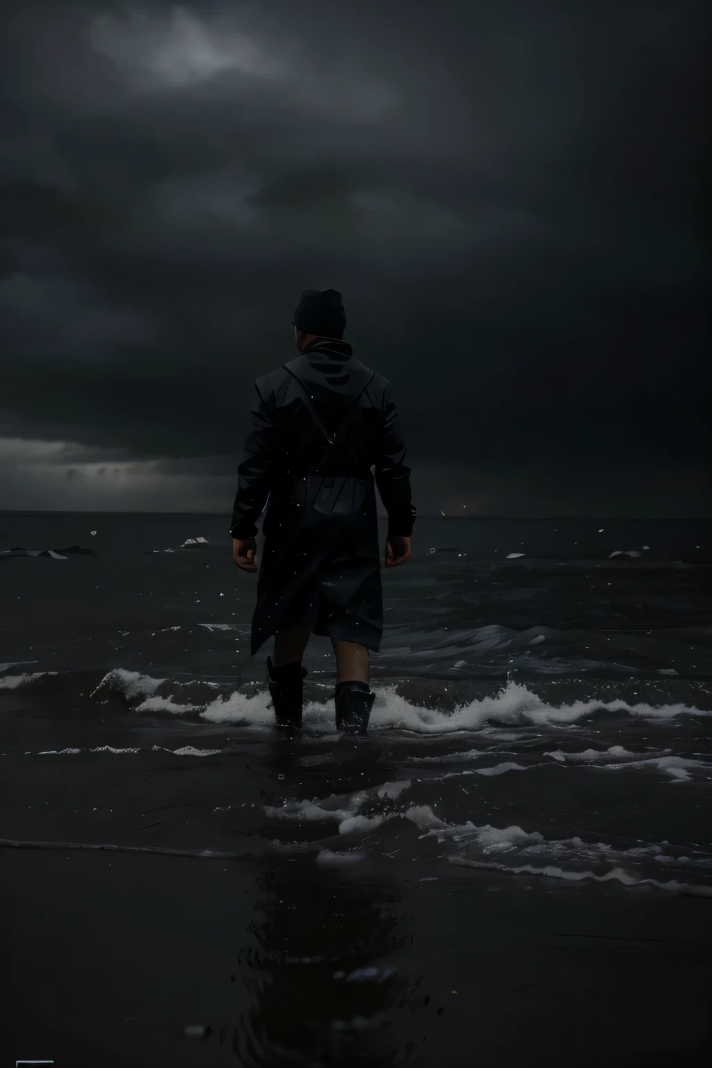 Create an image for a motivational video with a dark and rainy atmosphere. Na imagem, A man is featured, em primeiro plano. He is standing, olhando para o horizonte, with a determined and resilient expression on his face. A chuva cai ao redor dele, adding an element of challenge and overcoming. The background is dark and cloudy, conveying a sense of difficulty and adversity. No entanto, despite the adverse conditions, o homem permanece firme e confiante, symbolizing inner strength and the ability to face challenges with courage and determination.
