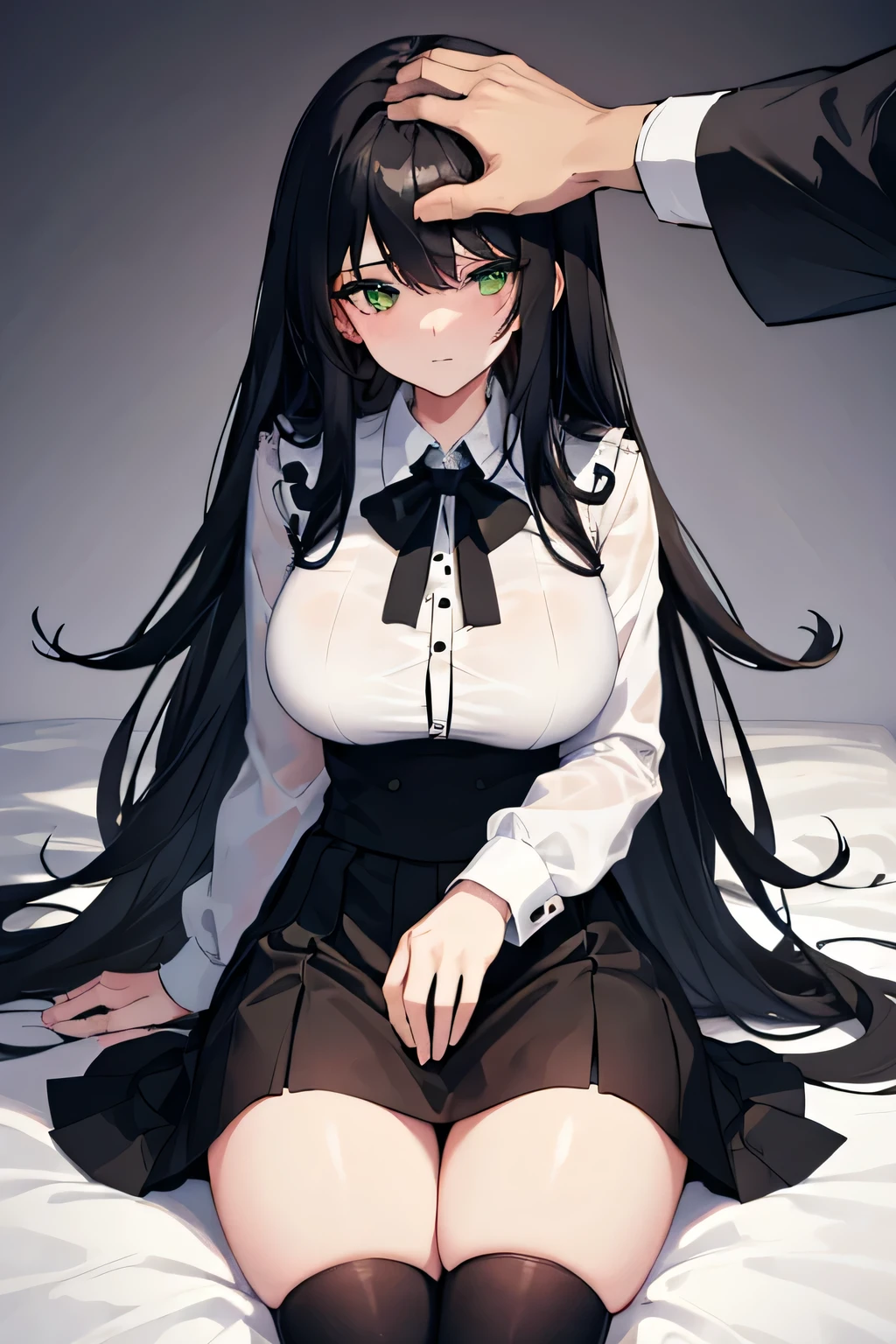 1 girl, long black hair, green eyes, white shirt, black skirt, big breast, thick thigh, headpat, pov