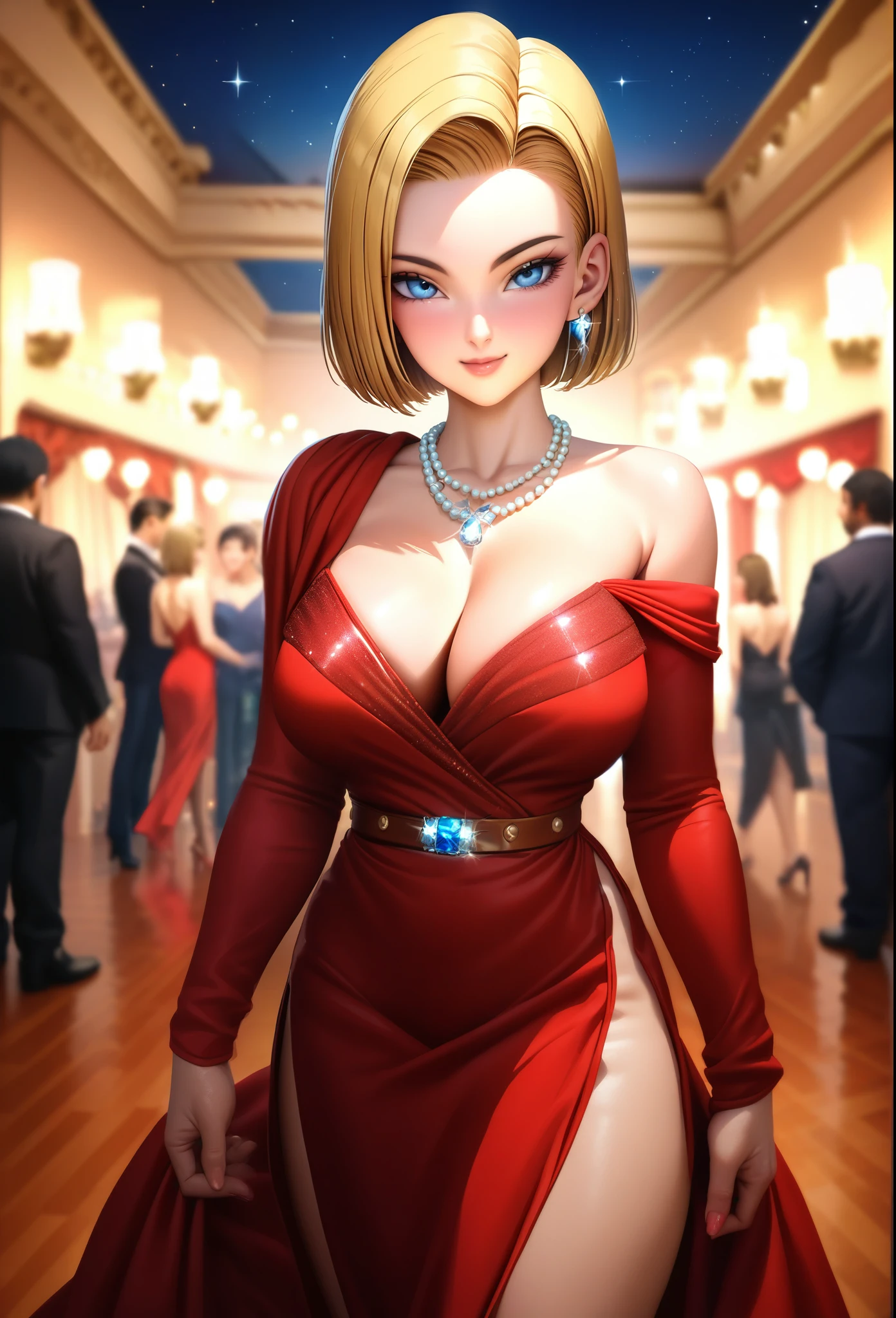 sysdeep_android18, 1girl, solo, breasts, smile, short_hair, blue_eyes, blonde_hair, shirt, long_sleeves, jewelry, large_breasts, earrings, belt, necklace, bead_necklace, pearl_necklace, solo, 1girl, masterpiece, high quality, tall body, tall, long legs, mature female, mature, adult, 1girl, solo, looking at viewer, upper body, masterpiece, best quality, high quality, photorealistic, (4k), depth of field, (Masterpiece), (realistic skin texture), extremely detailed, intricate, hyper detailed, professional photography, bokeh, high resolution, sharp detail, best quality, 1girl, beautiful, volumetric lighting, best quality, masterpiece, intricate details, tonemapping, sharp focus, hyper detailed, ballroom, beautiful dress, big breasts, sparkle dress, fancy red dress, red dress, red glitter dress, ballroom event, ballroom dress, sleeveless, hip slit, bare shoulders, cleavage, sparkly red dress, met gala, ballroom party, fancy party, close shot, full frame, hall, award ceremony event, bright room, night time, stars, city buildings, lights on, upper body shot, looking at viewer