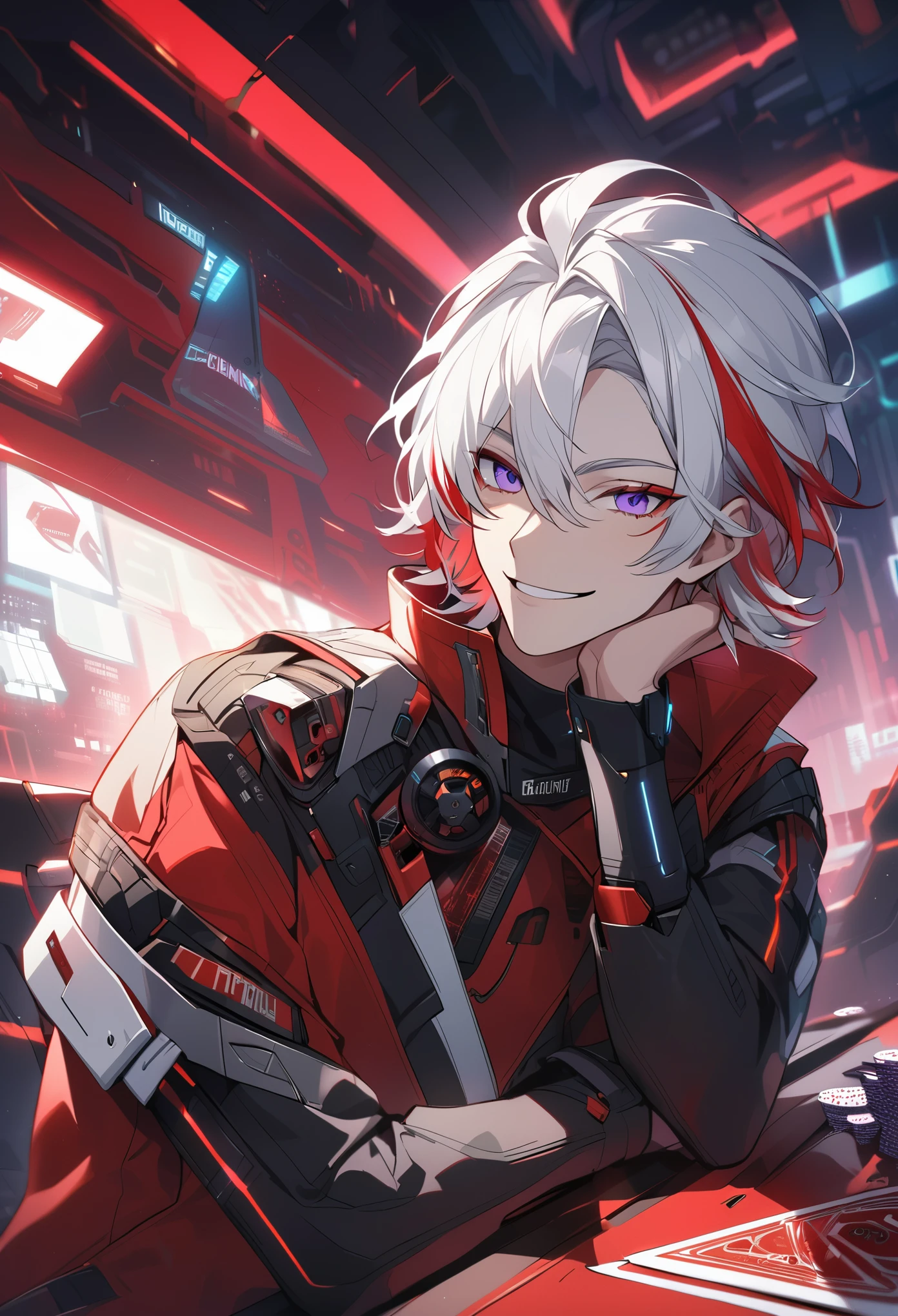 Handsome, solo, 1 male, short hair, white hair, red highlight at hair tips, purple eyes, white and red clothes, smile facial, futuristic, cyberpunk, cards, dices, gambler