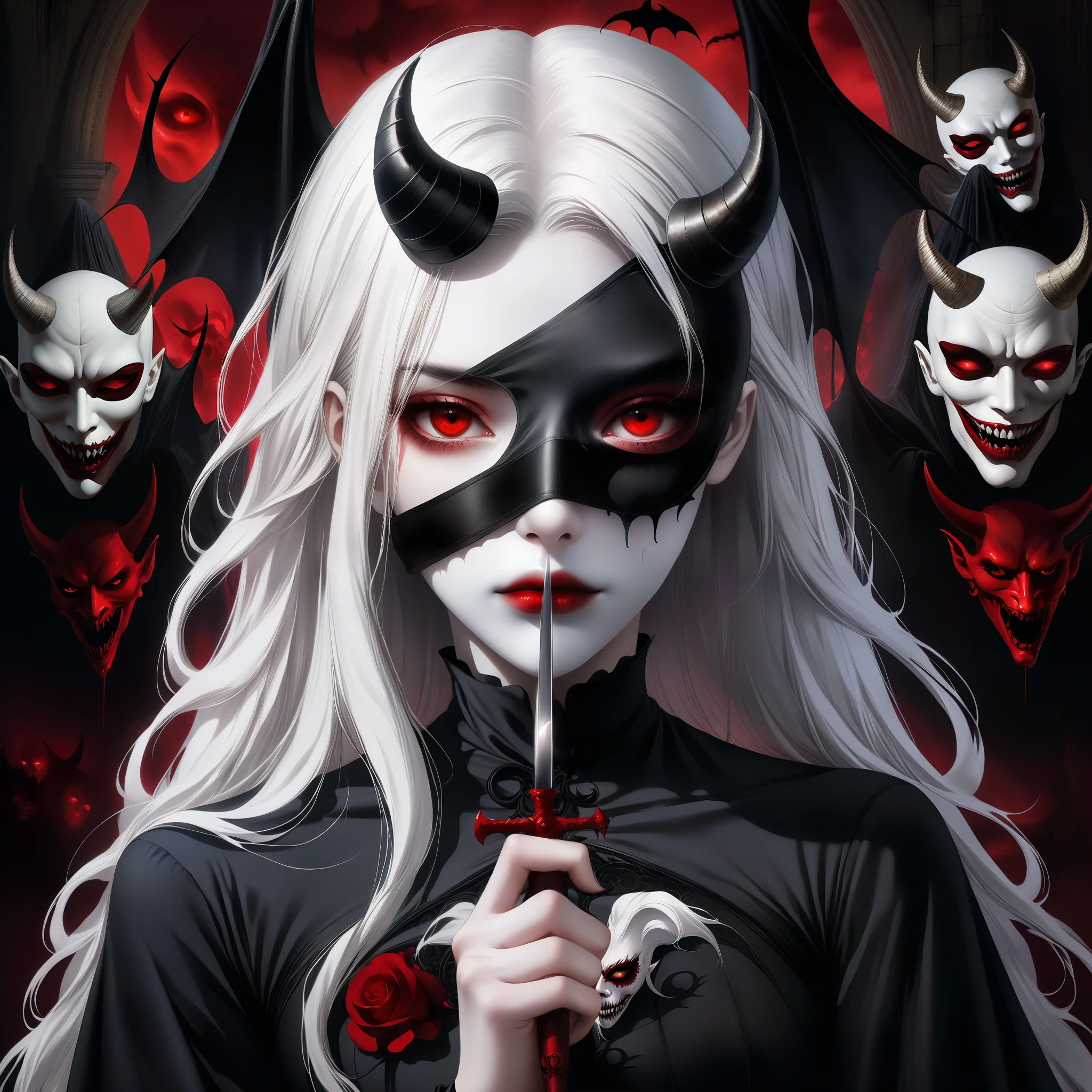 （Holding a mask in hand：1.5），（White-haired ghost wearing an eyepatch，straight hair，red eyes），（gothic art），（The devil is behind her），（fear：1.5），（Correct human anatomy：1.37）