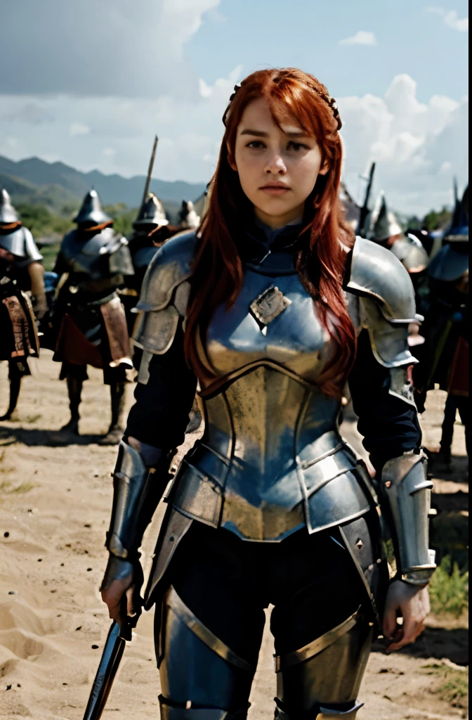 Emilia Clarke in red hair armor standing in front of an army, na armadura do cavaleiro, Rainha ruiva em armadura vermelha pesada, Poots Imogen como um paladino, female redhead templar, de uma bela cavaleiro feminina, Poots Imogen como Paladino Santo, cavaleiro feminino bonito, da armadura, Annasophia Robb como Joana D'Arc