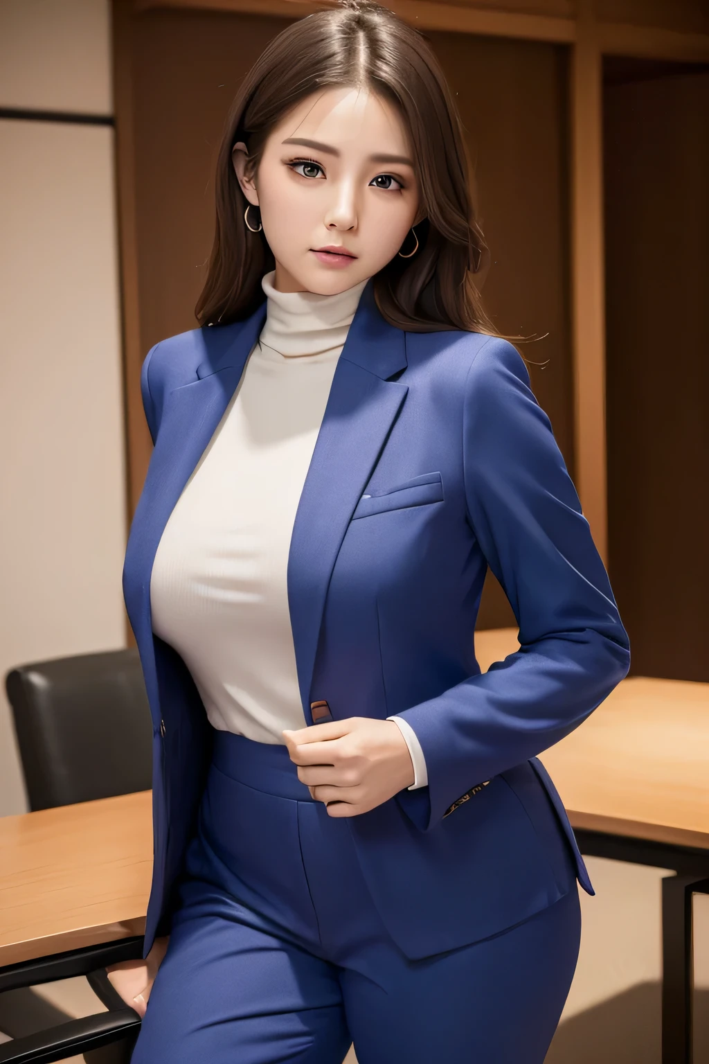 (((masterpiece))),(((High resolution)))、(((8K)))、(((perfect face)))、(((Japanese beauty)))、office、(((beautiful face)))、(((pants suit)))、turtleneck、big breasts、(Plump)、embarrassed look、look at the camera, (thighs)、best quality eyes, detailed textures, look at camera, standing、facing backwards