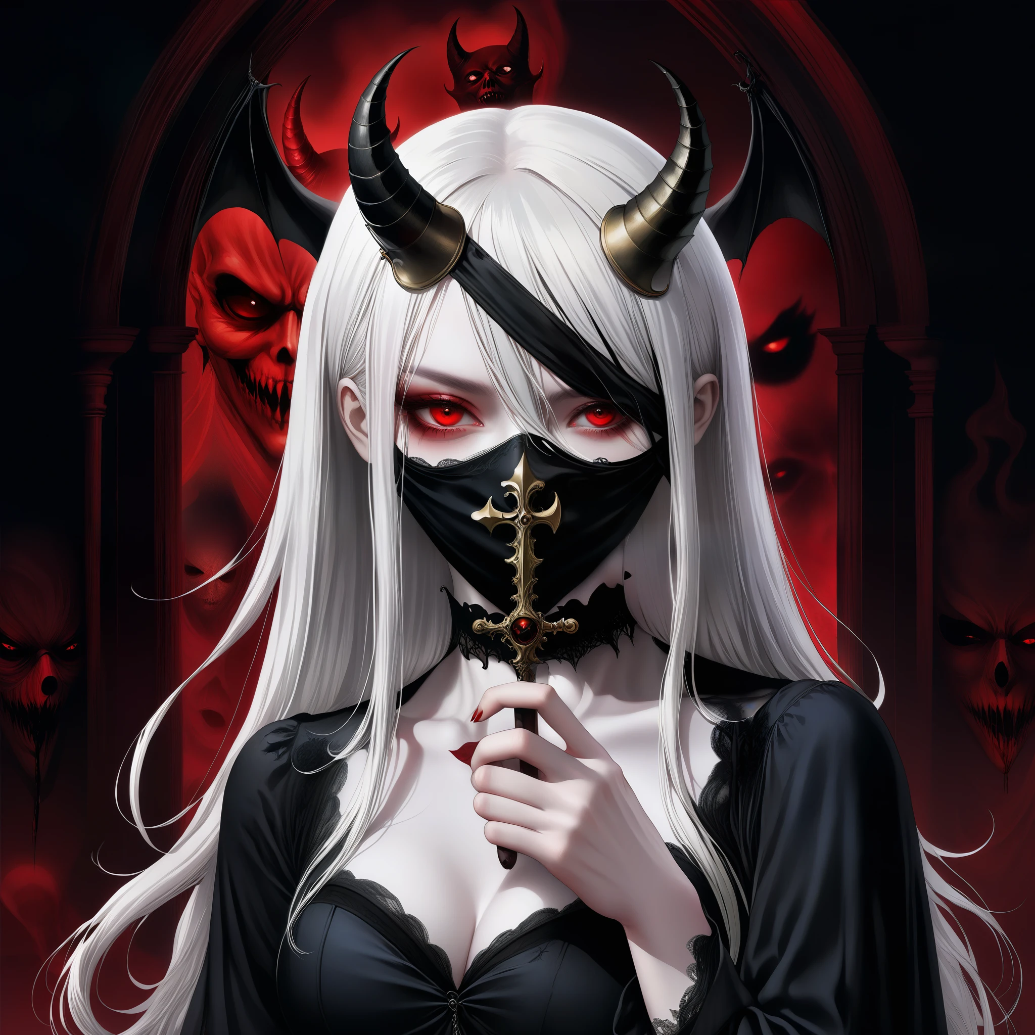 （Holding a mask in hand：1.5），（White-haired ghost wearing an eyepatch，straight hair，red eyes），（gothic art），（The devil is behind her），（fear：1.5），（Correct human anatomy：1.37）