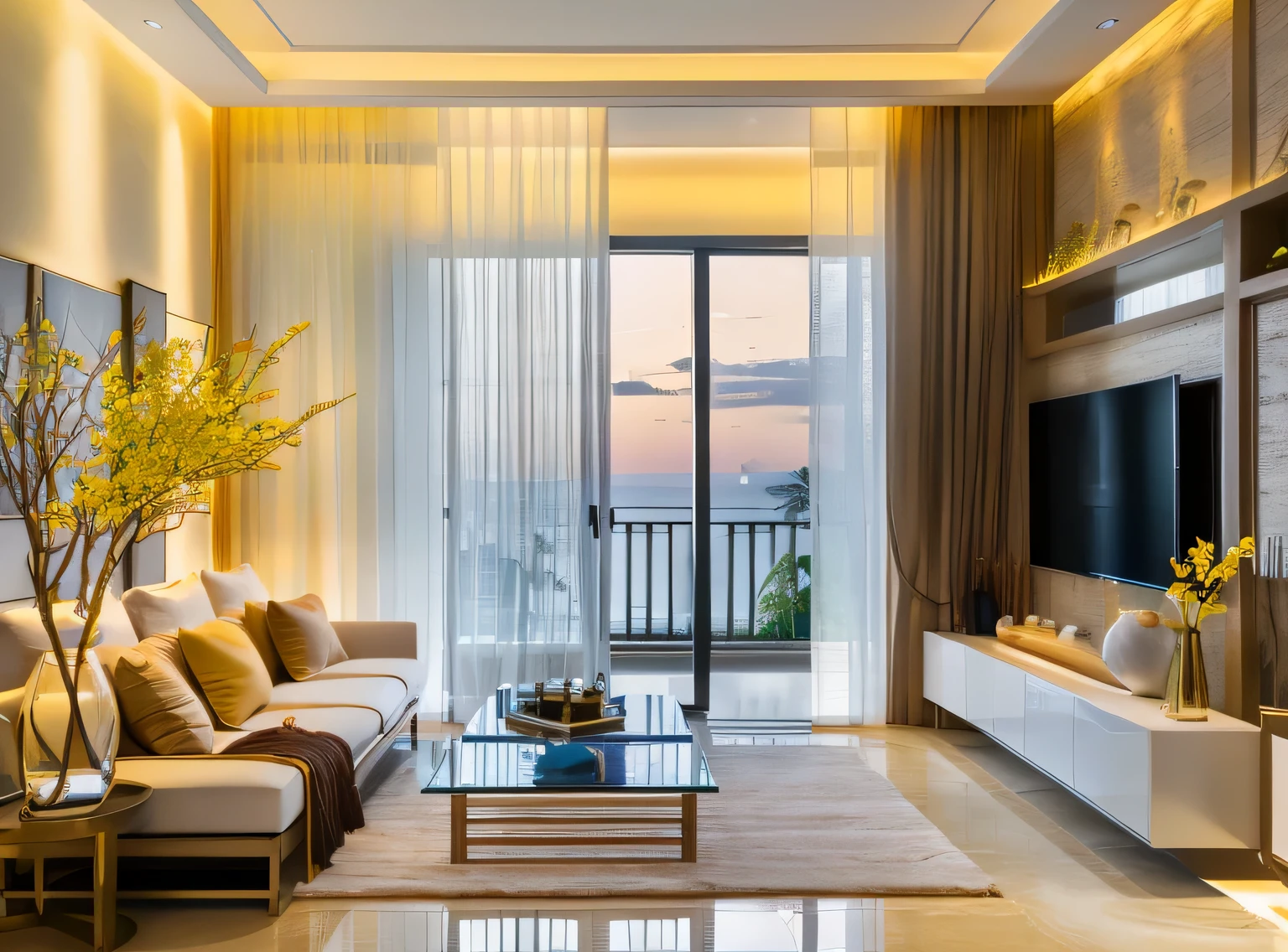 minimalist livingroom interior design, wood floor, rug, luxurious sofa, glass window, glass door, lamp, picture frame, wooden cabinet, white curtain, white ceiling, (masterpiece), realistic, high quality, softlight, natural contrast, scenery,(luxury), stucco wall, vivid colour, sunset lighting, background island