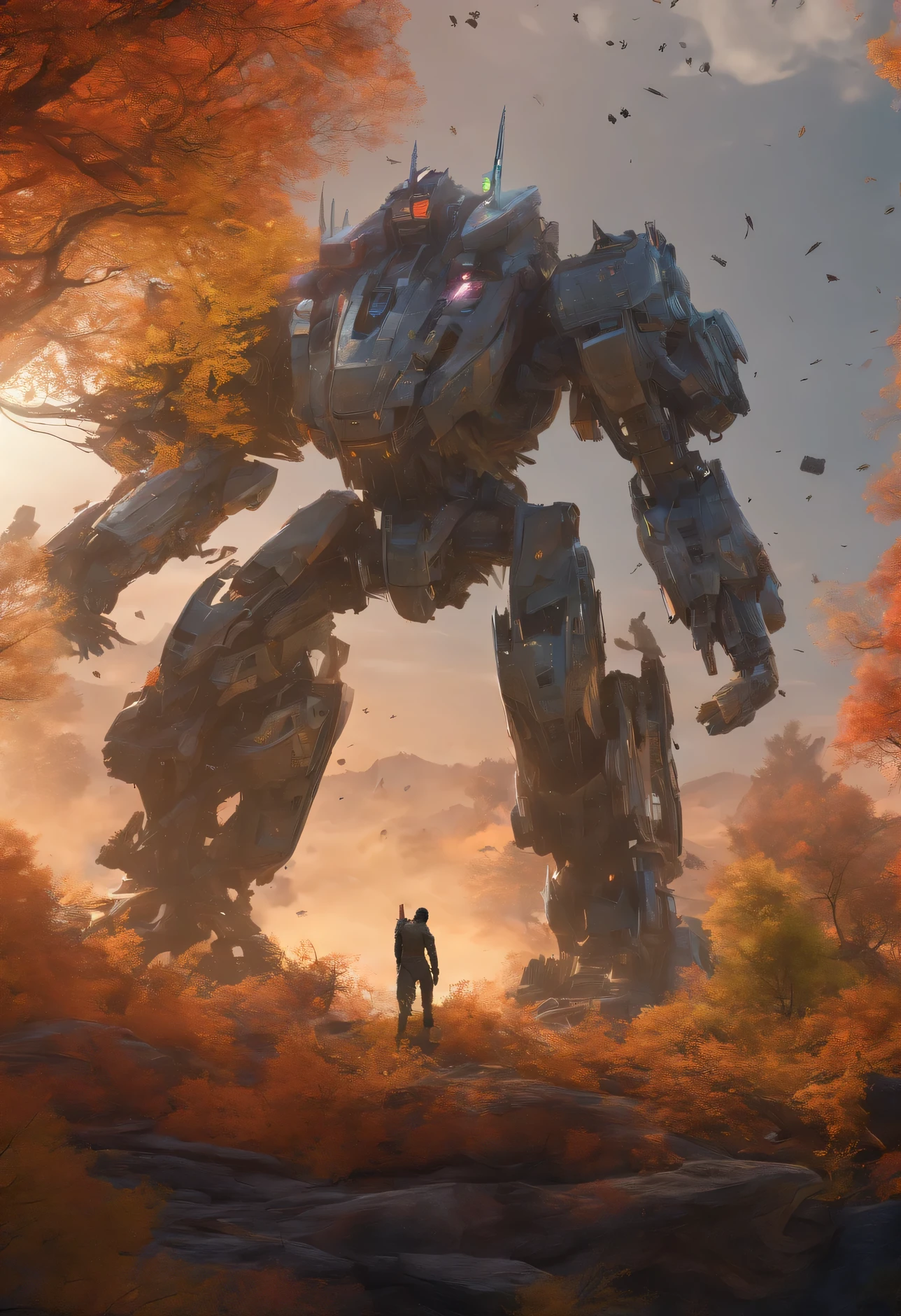 A half-destroyed mecha that is on a cliff watching an apocalyptic world in which human beings disappeared and nature took over everything and in the background you can see a snowy mountain in which you can see a crashed spaceship in it and that in In the sky you can see the other planets and galaxies and around the mecha there is a forest of trees in which autumn is found and the leaves of the trees are flying everywhere and on the shoulder of the mecha there is a nest of a bird with its babies and in the head you can see the bird that would be a black phoenix the size of a common bird