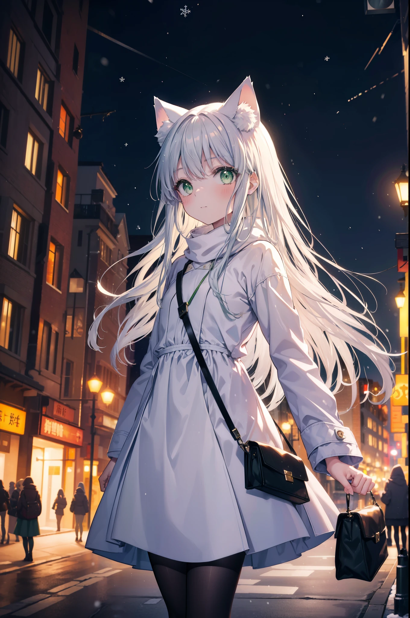 index, index, (green eyes:1.5), silver hair, long hair, (flat chest:1.2),animal ears　Cat ear,animal tail　cat tail,blush,smile,open your mouth,illumination,There is a big Christmas tree in the middle of the road..,Grey handbag,yellow long coat, white hoodie, black long skirt,black pantyhose,Mini Boots,White Christmas,winter,night,cold sky,that&#39;It&#39;s snowing,It&#39;s snowing,
break looking at viewer, Upper body, whole body,
break outdoors, city,building street,
break (masterpiece:1.2), highest quality, High resolution, unity 8k wallpaper, (shape:0.8), (beautiful deしっぽed eyes:1.6), extremely deしっぽed face, perfect lighting, extremely deしっぽed CG, (perfect hands, perfect anatomy),