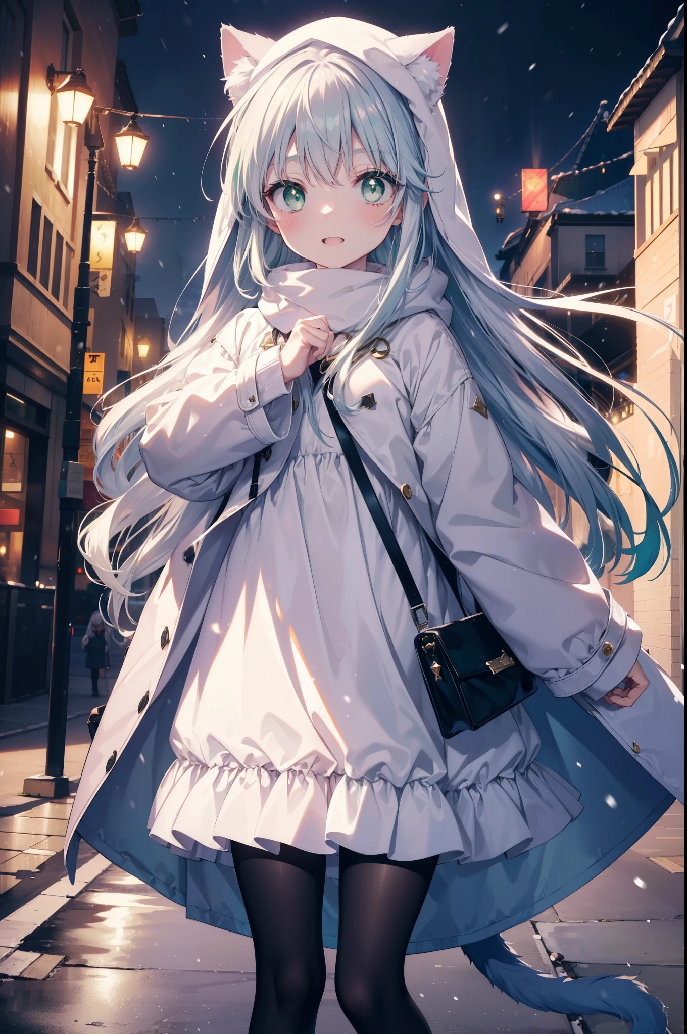 index, index, (green eyes:1.5), silver hair, long hair, (flat chest:1.2),animal ears　Cat ear,animal tail　cat tail,blush,smile,open your mouth,illumination,There is a big Christmas tree in the middle of the road..,Grey handbag,yellow long coat, white hoodie, black long skirt,black pantyhose,Mini Boots,White Christmas,winter,night,cold sky,that&#39;It&#39;s snowing,It&#39;s snowing,
break looking at viewer, Upper body, whole body,
break outdoors, city,building street,
break (masterpiece:1.2), highest quality, High resolution, unity 8k wallpaper, (shape:0.8), (beautiful deしっぽed eyes:1.6), extremely deしっぽed face, perfect lighting, extremely deしっぽed CG, (perfect hands, perfect anatomy),