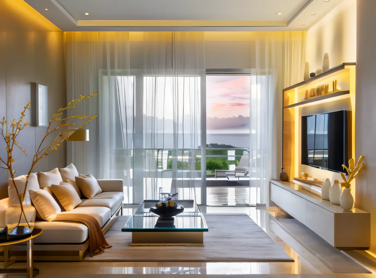 minimalist livingroom interior design, wood floor, rug, luxurious sofa, glass window, glass door, lamp, picture frame, wooden cabinet, white curtain, white ceiling, (masterpiece), realistic, high quality, softlight, natural contrast, scenery,(luxury), stucco wall, vivid colour, sunset lighting, background island