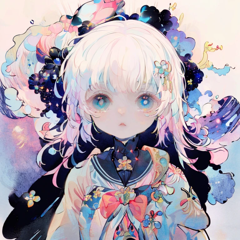 #Quality(8k,best quality,masterpiece,cinematic),#1 girl(cute, kawaii,solo,small kid,skin color white,pale skin,hair floating,hair color light blue,twin tail:1.6,hairbow,eye color is cosmic,big eyes,boring,colorful,close-up head,from above:1.1),#background(simple, cosmic,many stars,flower bloom,backlit,colorful)