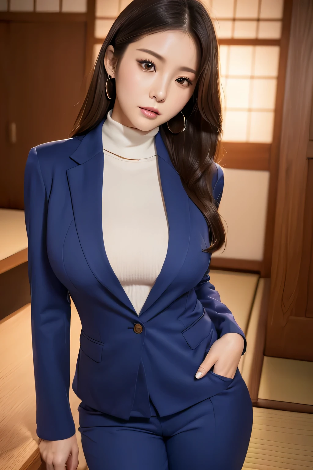 (((masterpiece))),(((High resolution)))、(((8K)))、(((perfect face)))、(((Japanese beauty)))、office、(((beautiful face)))、(((pants suit)))、turtleneck、big breasts、(Plump)、embarrassed look、look at the camera, (thighs)、best quality eyes, detailed textures, look at camera, standing、facing backwards、butt
