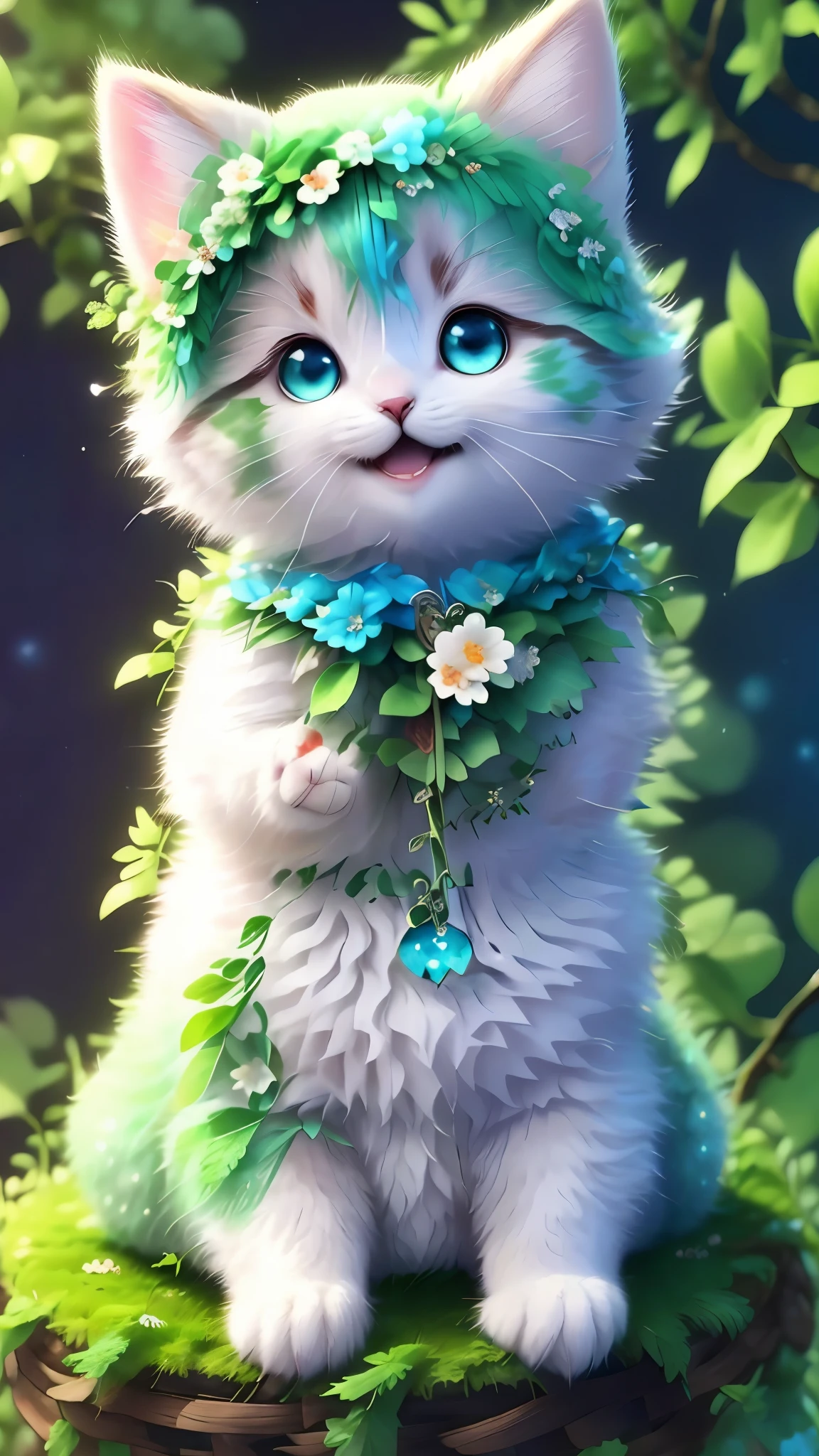 , Realistis, shaggy, (Kitten dressed), an cheeks, full bodyesbian, Non-human, smile, sparkle eyeinitary, Sit on a branch, lying down,in black, blue eye,