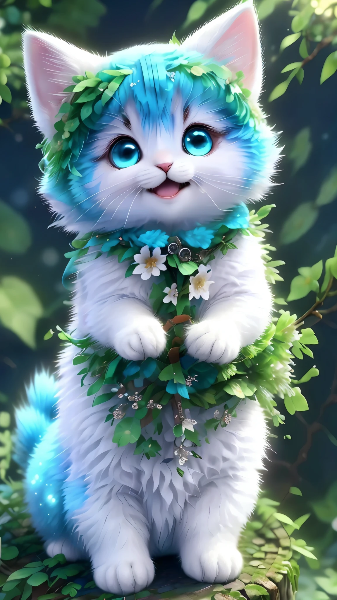 , Realistis, shaggy, (Kitten dressed), an cheeks, full bodyesbian, Non-human, smile, sparkle eyeinitary, Sit on a branch, lying down,in black, blue eye,