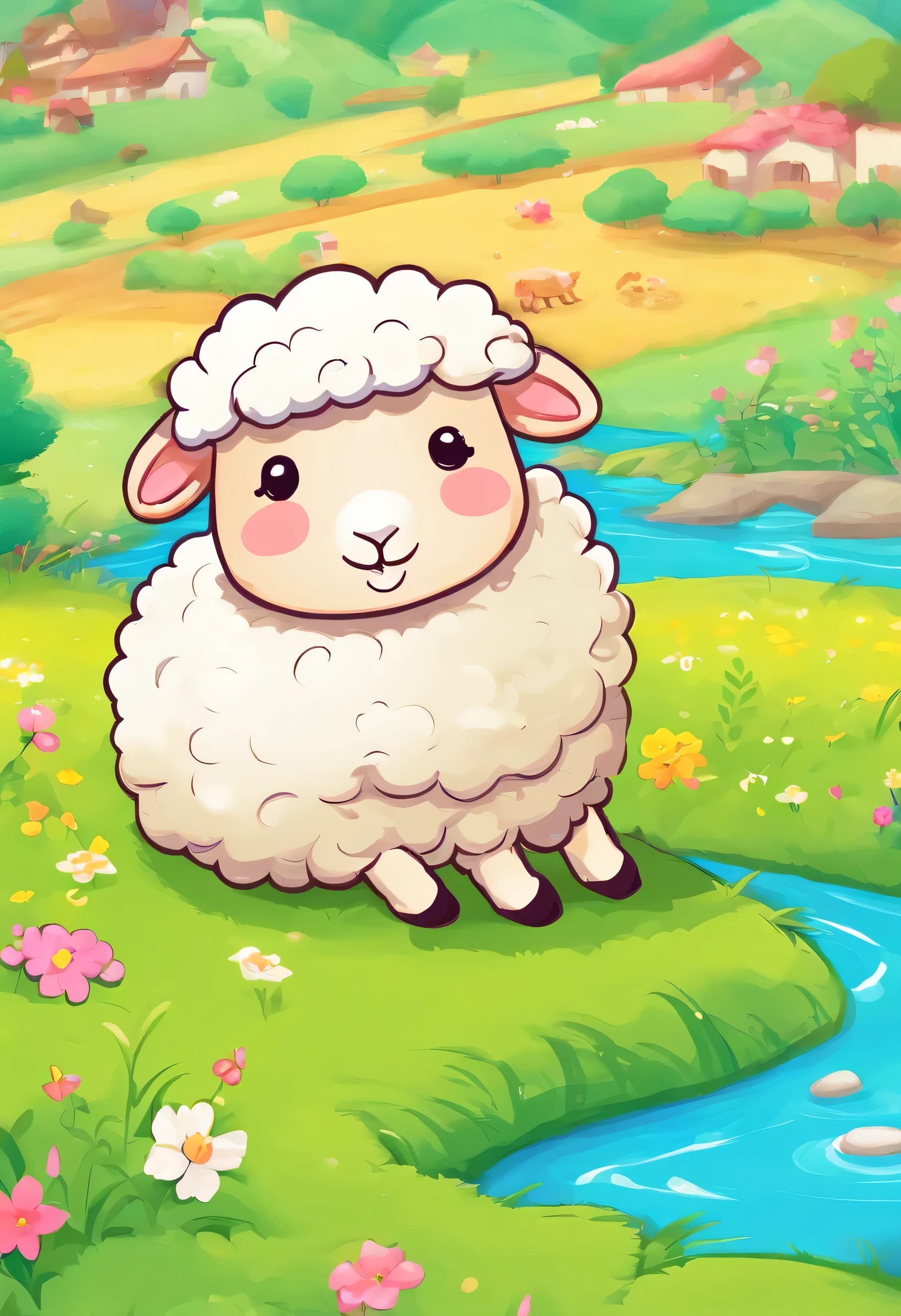 Create an image of a sheep laying down in pastures, and there is a river as a background