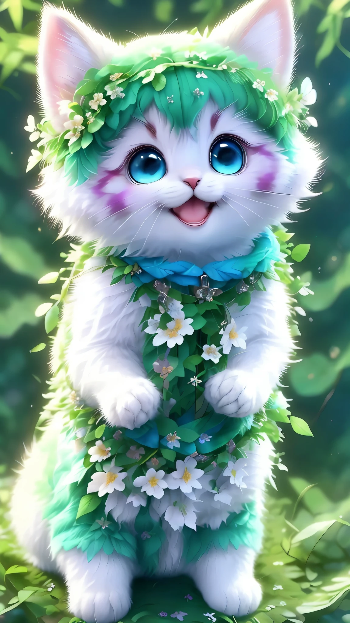 , Realistis, shaggy, (Kitten dressed), an cheeks, full bodyesbian, Non-human, ssmile, sparkle eyeinitary, Sit on a branch, lying down,in white, in tha park,