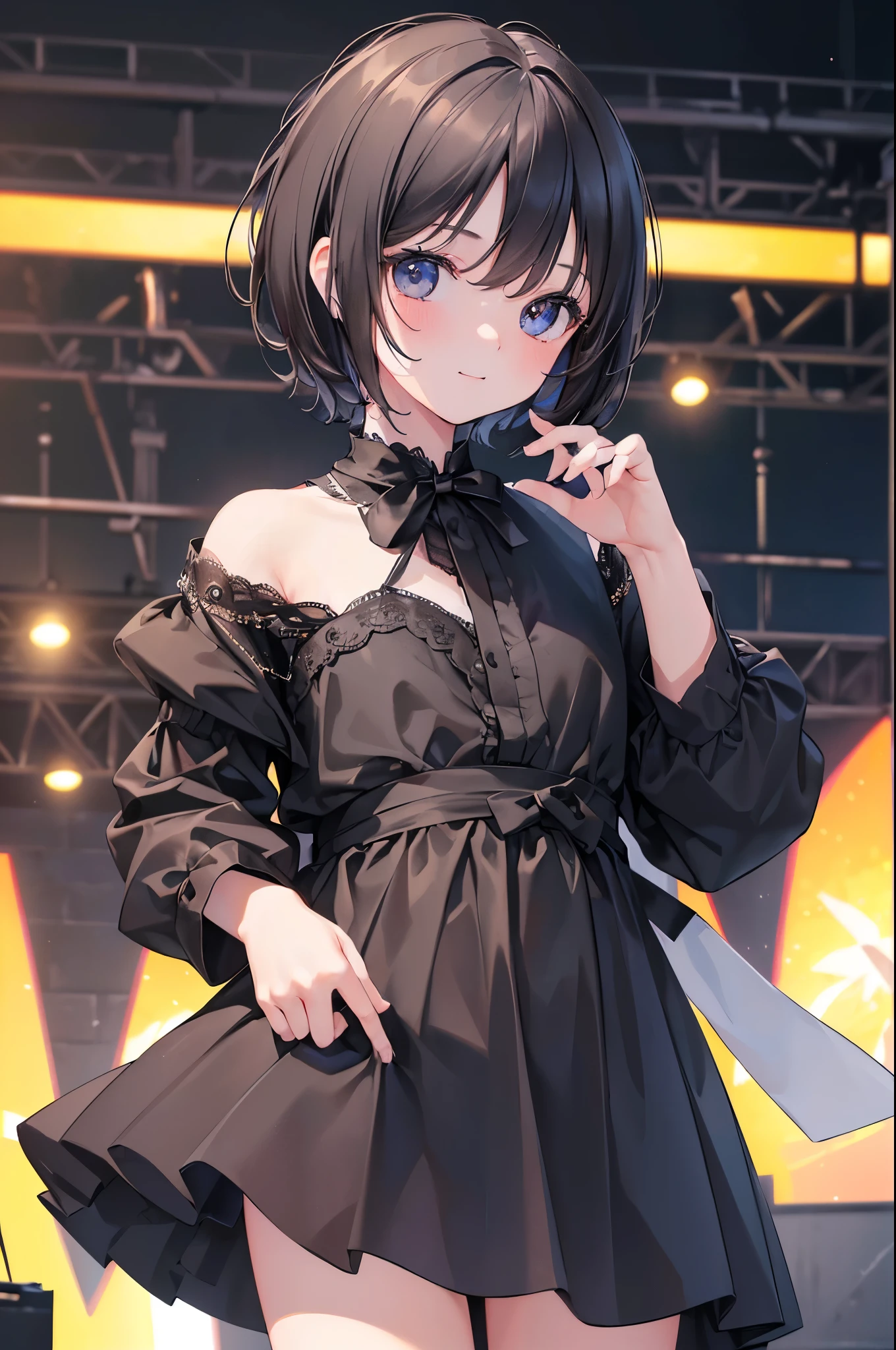 ((masterpiece, high quality)), Promide of a girl with short black hair, teen, , Idol, stage costume, innocent face, young face, smile, big black eyes, small nose, short hair, wolf cut, straight hair, masterpiece, background is white, Depth of the bounds written, ((8k, RAW photo, highest quality, masterpiece), Professional photos with high-definition RAW color photos, (realistic, photorealism:1. 37), (highest quality), (best shadow), (Best Illustration), ultra high resolution, High-definition CG integrated 8K wallpaper, Physically based rendering,