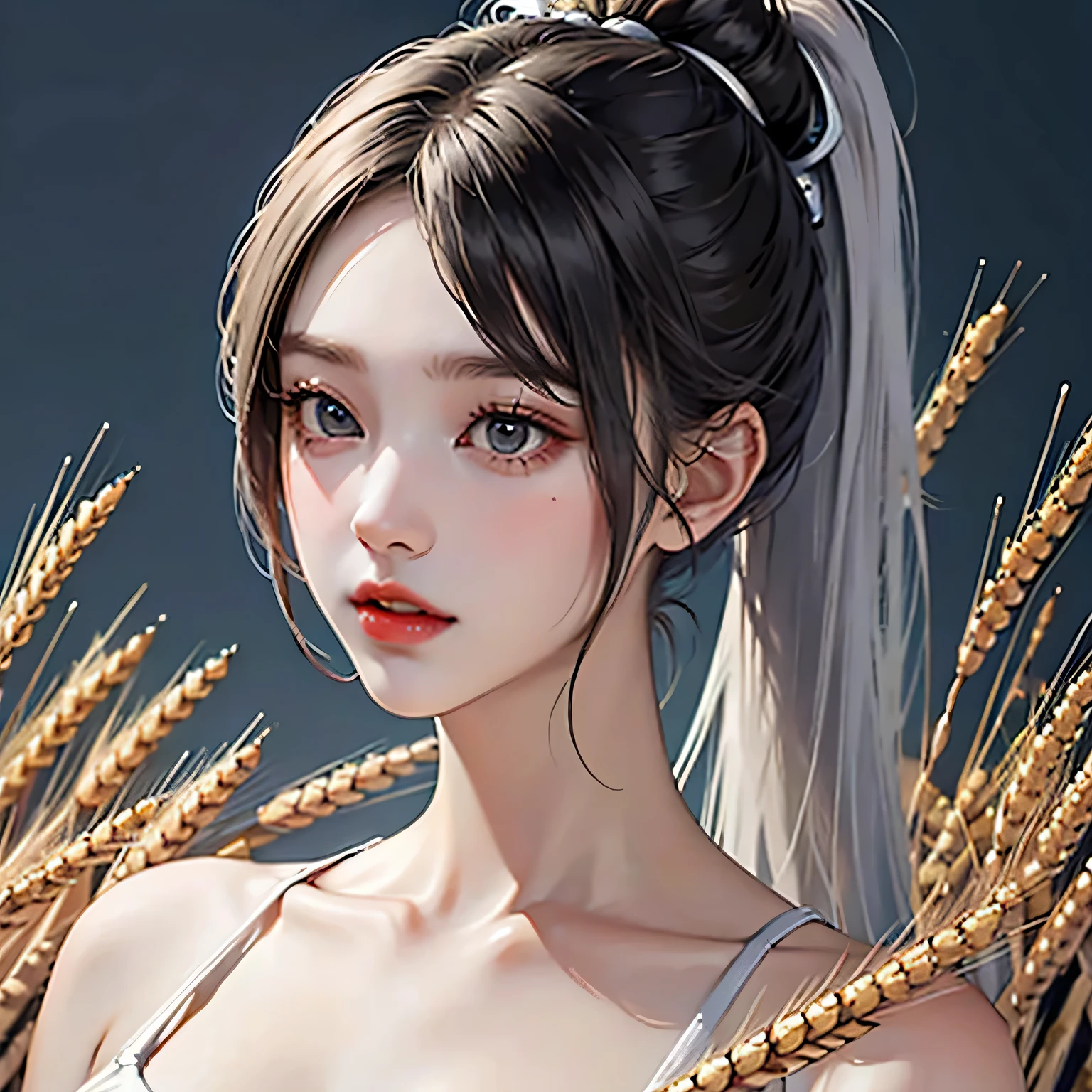 korean woman, (masterpiece, Beautiful person, ),  There is farming in the countryside., (There is (cut wheat: 1.4)), fertilize, weeding, simple face, no makeup, country girl, ponytail, detailed skin texture, fine cloth texture, fine and detailed face. masterpiece, slim waist, Because I&#39;m slender, big breasts,gray hair,