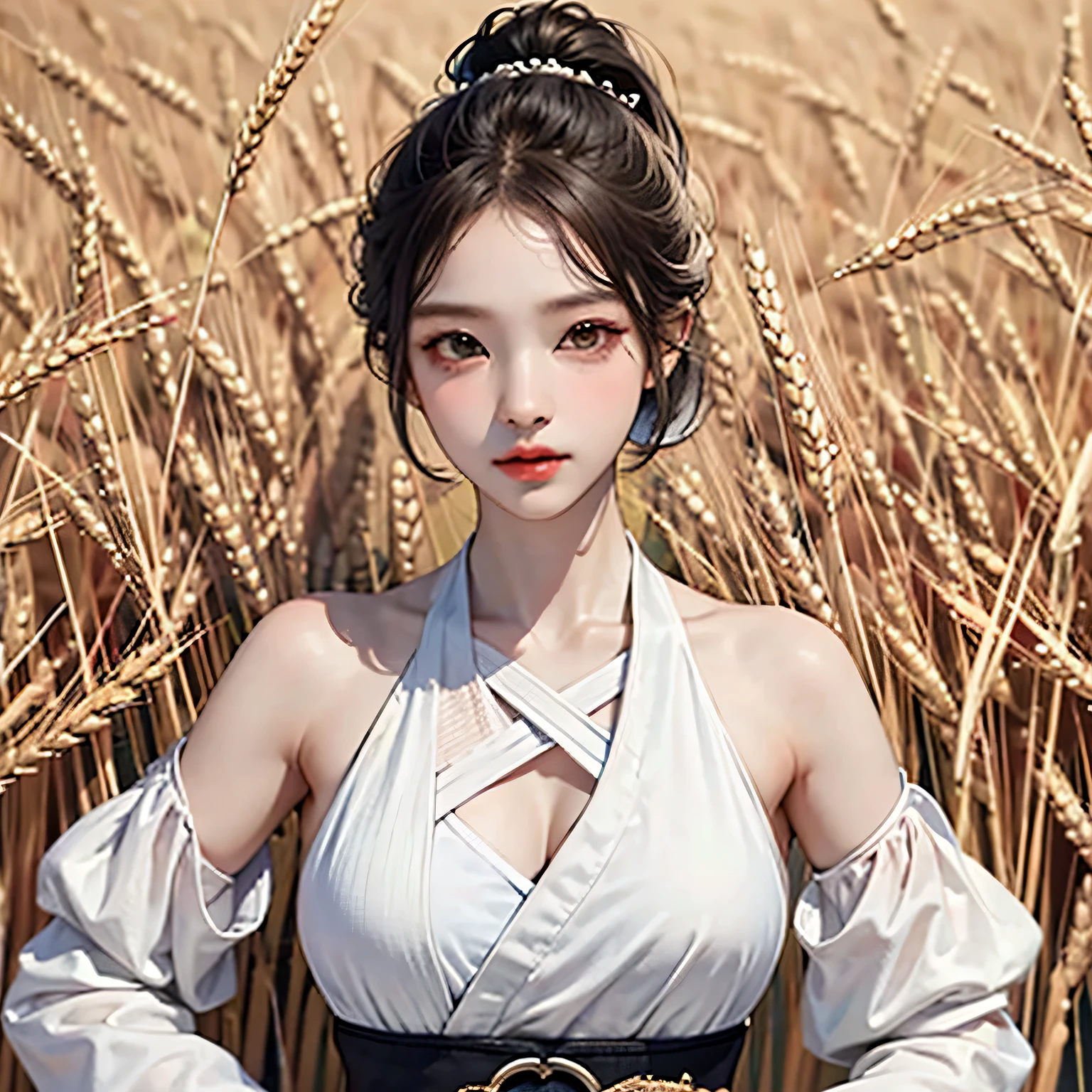 korean woman, (masterpiece, Beautiful person, ),  There is farming in the countryside., (There is (cut wheat: 1.4)), fertilize, weeding, simple face, no makeup, country girl, ponytail, detailed skin texture, fine cloth texture, fine and detailed face. masterpiece, slim waist, Because I&#39;m slender, big breasts,gray hair,