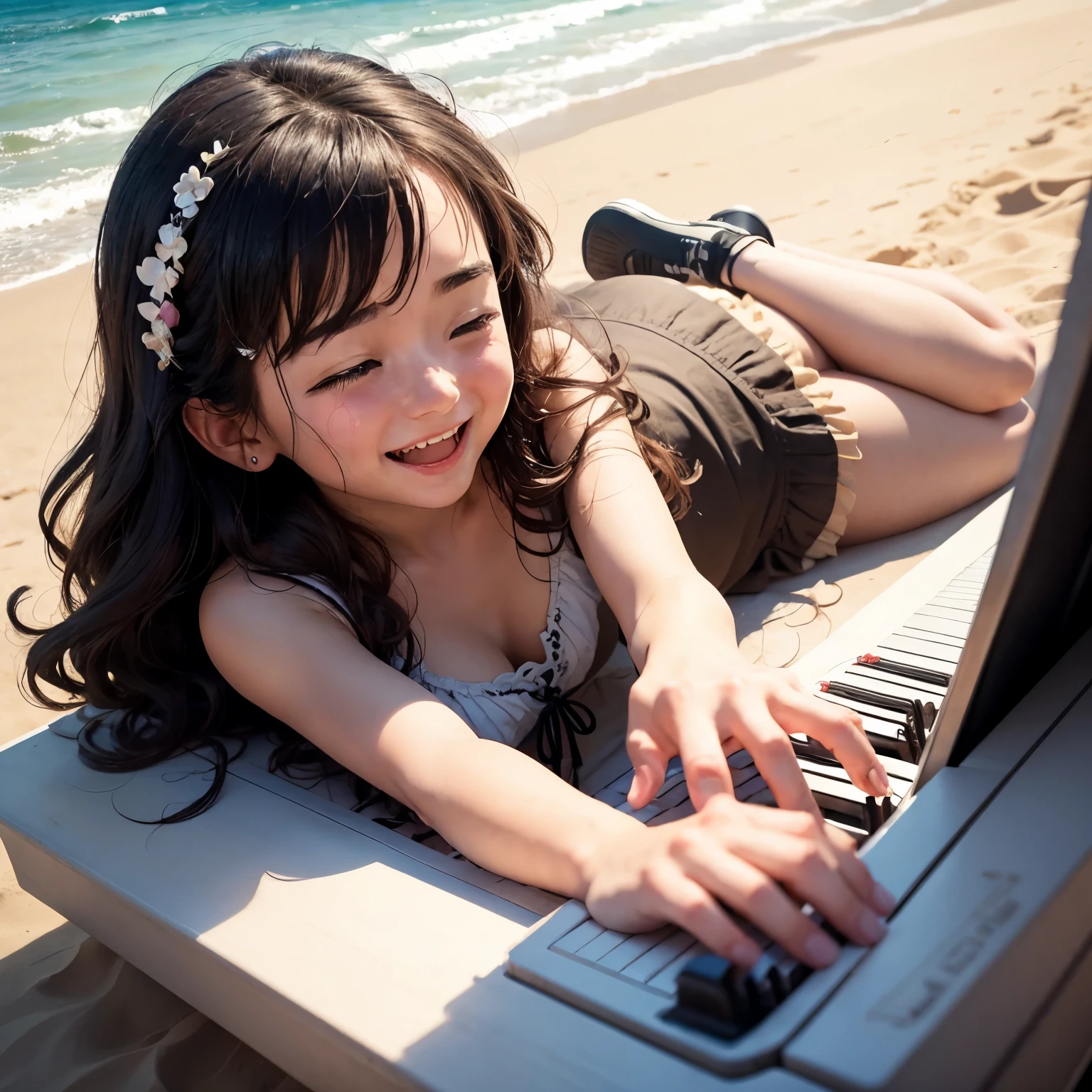 Can you help me create a heart on a beach by playing a piano while crying and smiling at the same time?