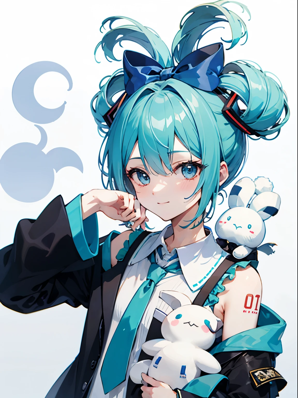 1 girl, alone, Cinnamiku, 青いhair, blue eyes, hair ring, hair ribbon, blue bow, (Cinnamoroll, 結ばれたear, sanrio, 1Other, living things:1.2), CinnaMiku, Cinnamoroll, blue eyes, aqua eye, 青いhair, aqua hair, hair_ring, up style, blue bow, cute, cute, black sleeves, removed sleeve, tie, 青いtie, tieピン, aqua tie, Miku, ruffle shirt, collared shirt, wide sleeve, number tattoo, tattoo, bare shoulders, hair_behind_ear, 1Other、cool smile、cool composition、have a smartphone、selfie photo、looking at the camera、raise your arms、piece、