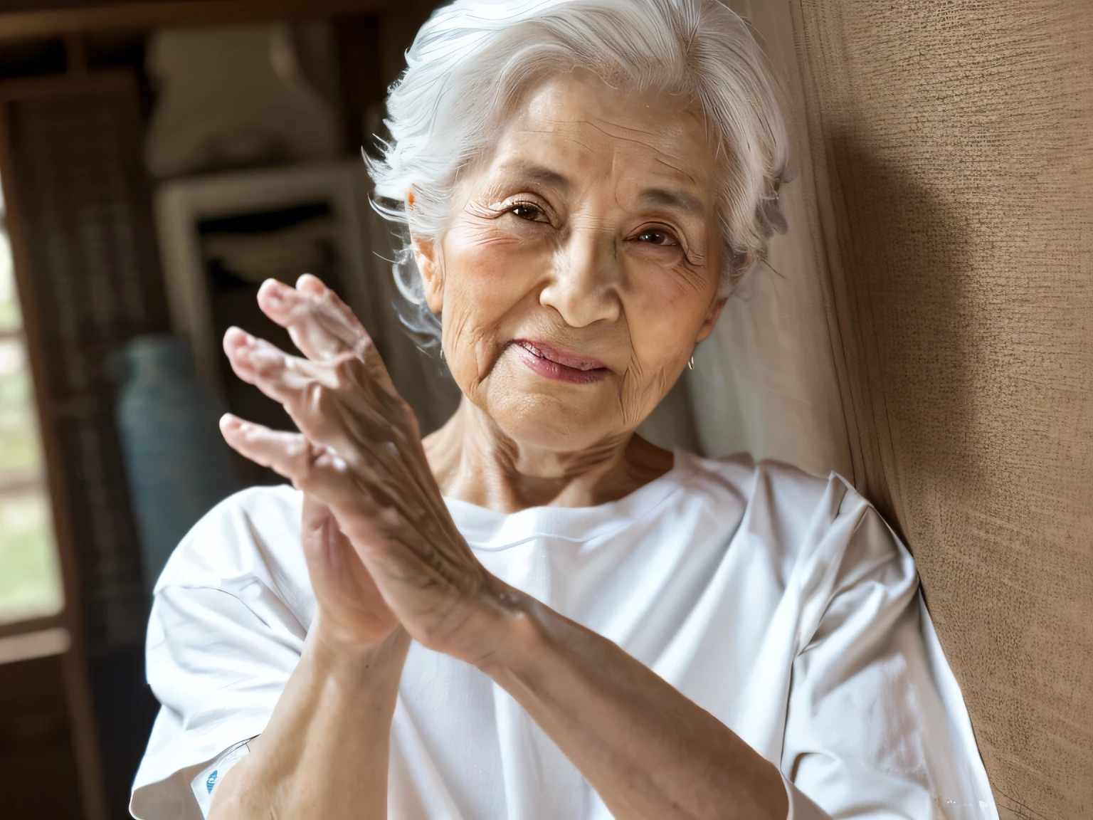 rough skin、High resolution、((highest quality))、 masterpiece、 (be familiar with)、 high detail、(anatomically correct)、one person、((Japanese woman 80 years old))、((Hand like a hand model))、(((The face is facing forward)))、(white t-shirt)、(posing the model),((big hand))