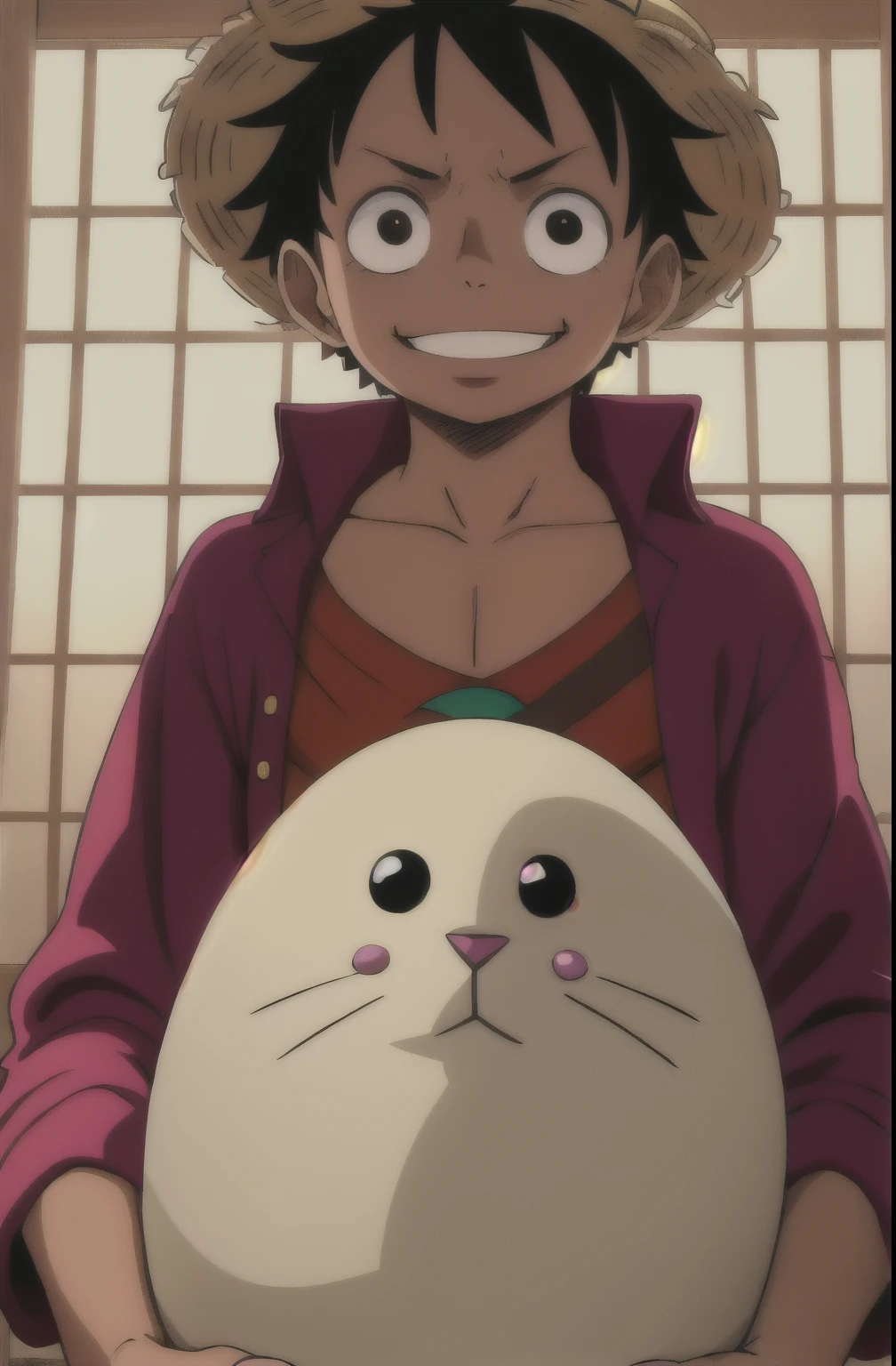 1 adolescente (macho), Estilo Wano, Macaco D. Luffy, sorridente, olhando para o espectador, Home alone on Easter , sentado, ((obra de arte)), (Melhor qualidade), (extremamente detalhado), profundidade de campo, contorno, sombras escuras intensas, sharp focus, soft lighting, HDR, colorida, good composition, coelhos ao redor, espetacular, uniforme de coelhinho, Captura de tecido de anime, cicatriz sob o olho, eating easter egg, Olhos negros , easter style , ultra detalhado , easter theme, 4k
