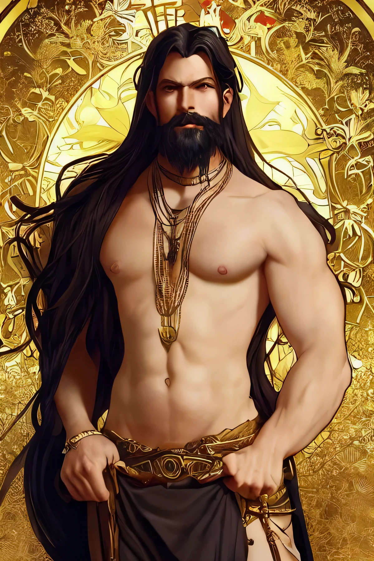 A noble- warlord+ with a refined beard, blonde, baroque, shirtless-, gold chains, (slave driver)++, hairy chest, barbaric+, regal, (sexy+ dominant pose)+, wild+, aggressive++, angry++, real life skin, intricate, elegant, detailed, artstation, evil, smooth, sharp focus, art by artgerm and greg rutkowski and alphonse mucha