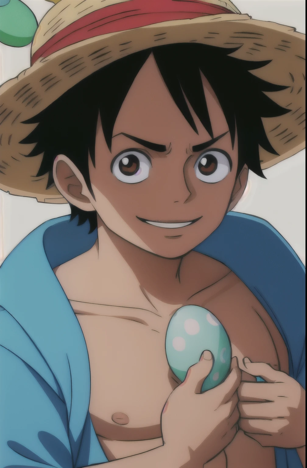 1 adolescente (macho), Estilo Wano, Macaco D. Luffy, sorridente, com orelhas de coelho, olhando para o espectador, Home alone on Easter  , sentado, ((obra de arte)), (Melhor qualidade), (extremamente detalhado), profundidade de campo, contorno, sombras escuras intensas, sharp focus, soft lighting, HDR, colorida, good composition, coelhos ao redor, espetacular, uniforme de coelhinho, Captura de tecido de anime, cicatriz sob o olho, eating easter egg, Olhos castanhos , easter style , ultra detalhado , easter theme, 4k