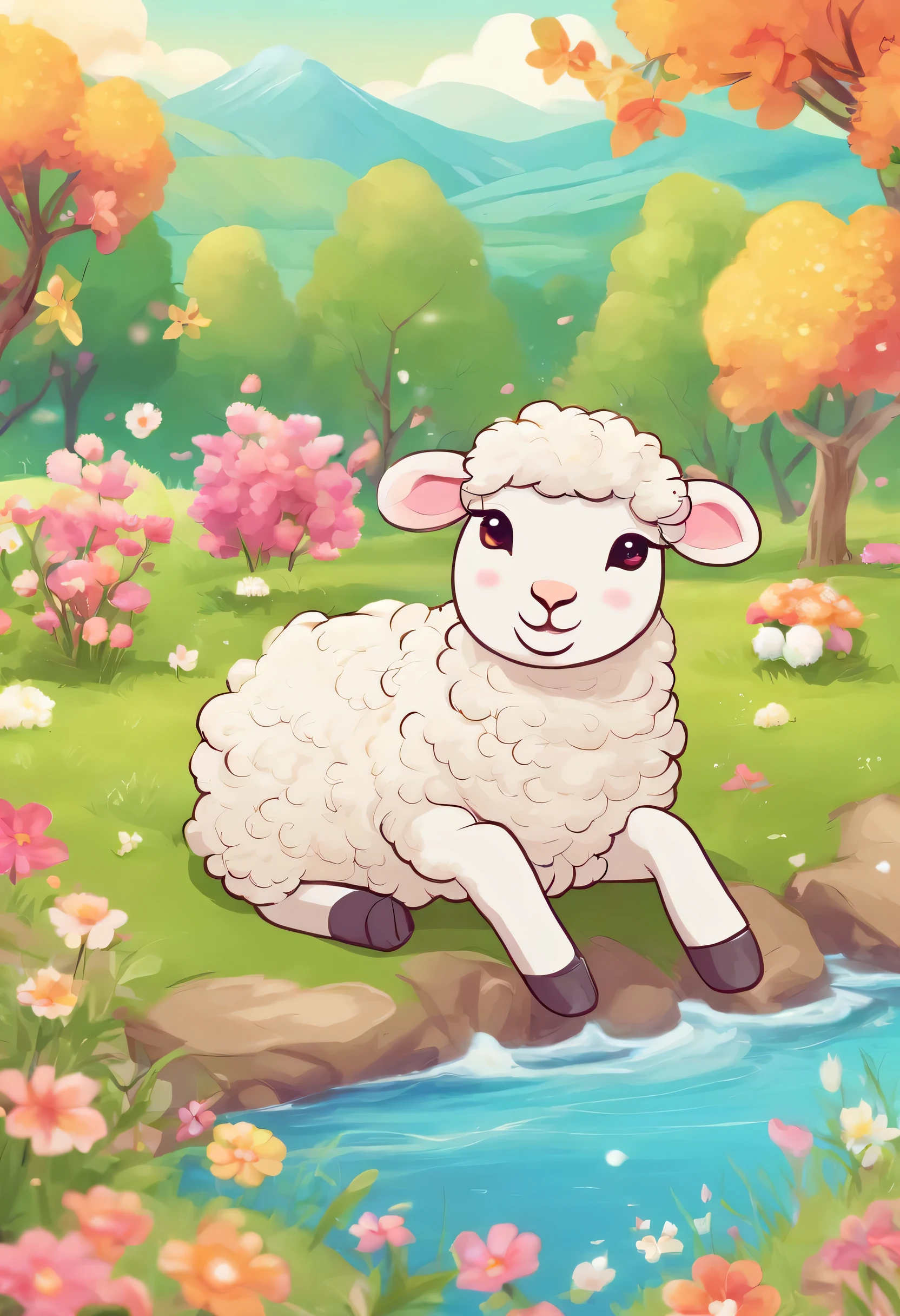 Create an image of a cute sheep who lies down in pastures, and there is a river as a background