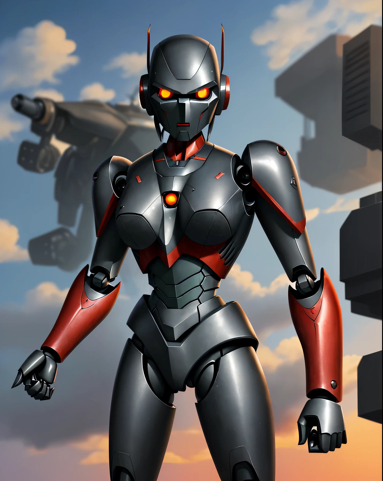 Background is evening, black iron robot, doll robot, high performance, high quality, armed, sharp armed, sky in the background,