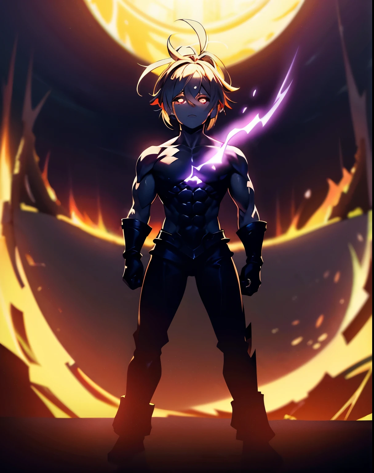 Masterpiece, Meliodas Nanatsu no Taizai, Meliodas in his high power, assault mode, dark face, high-ranking demon, empty eyes, black eyes, strongest demon, demonic aura, holding sword, Purple demonic aura around, forest devastates