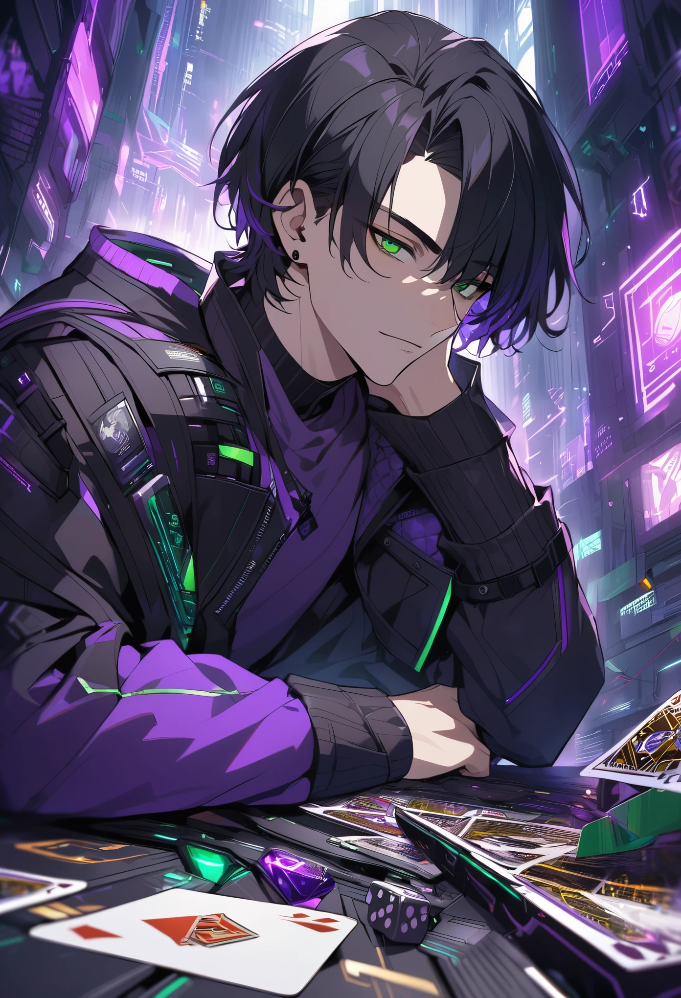 Handsome, solo, 1 male, short hair, black hair, bangs down, green eyes, black and purple clothes, futuristic, cyberpunk, cards, dices, gambler