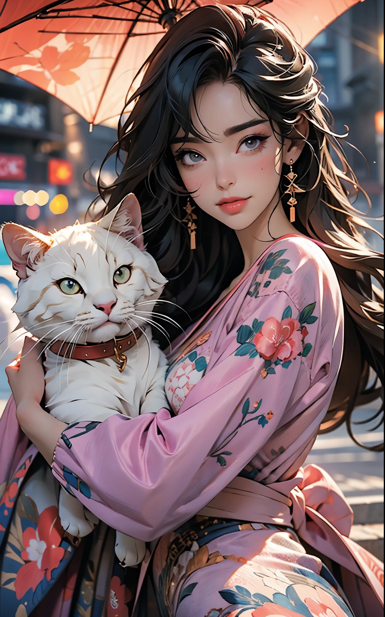 pink dress, smile, highres,sharp focus,(ultra detailed,extremely detailed),(photorealistic artwork:1.37),(extremely detailed CG unity 8k wallpaper),(((vibrant colors,vibrant theme))),(intricate),(masterpiece),(best quality),artistic photography,(photography taken by sldr),(intricate background),perfect rendered face,perfect face details,realistic face,photo realistic,analog style,((intricate detail)),(((realism))), her pet