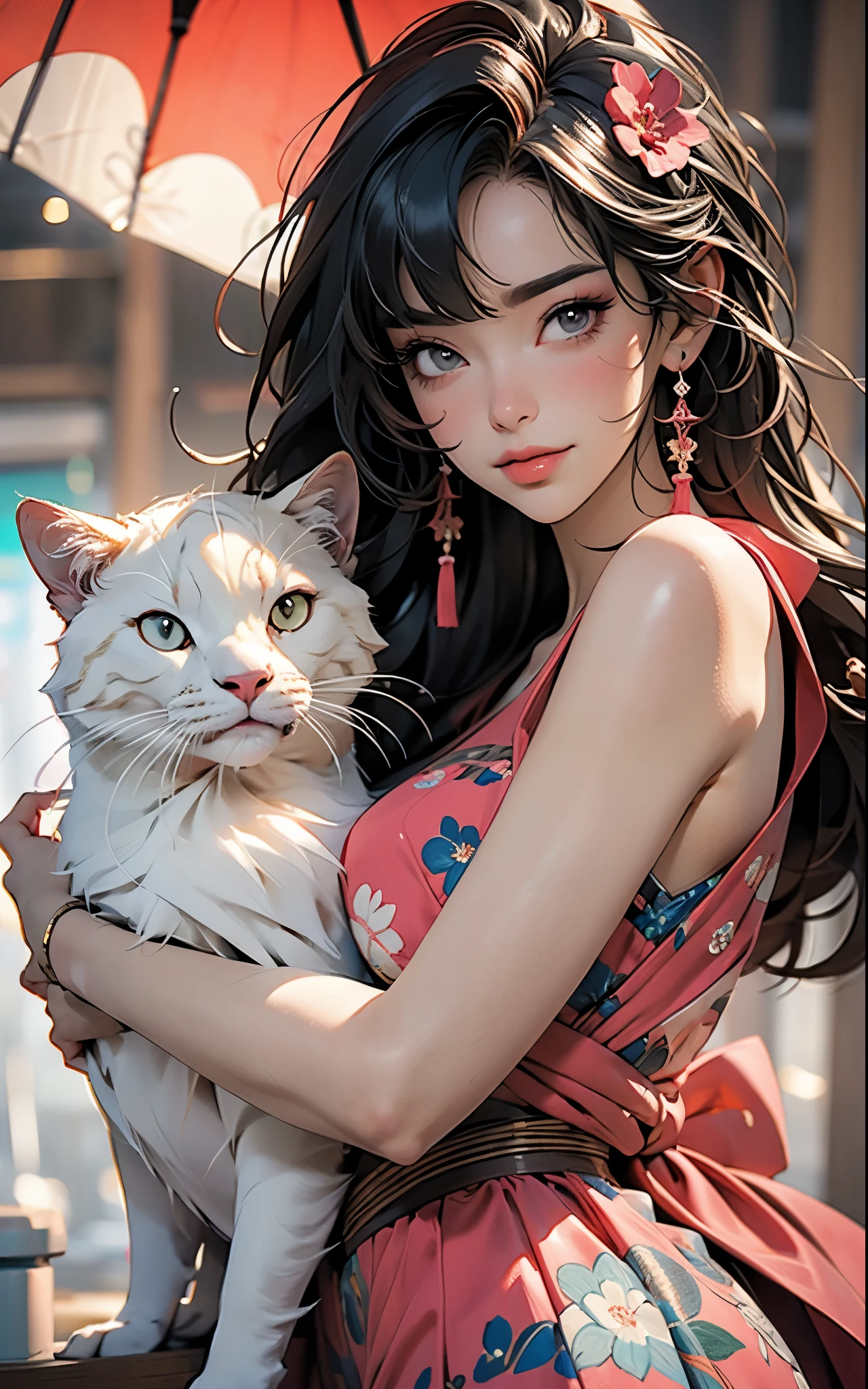 pink dress, smile, highres,sharp focus,(ultra detailed,extremely detailed),(photorealistic artwork:1.37),(extremely detailed CG unity 8k wallpaper),(((vibrant colors,vibrant theme))),(intricate),(masterpiece),(best quality),artistic photography,(photography taken by sldr),(intricate background),perfect rendered face,perfect face details,realistic face,photo realistic,analog style,((intricate detail)),(((realism))), her pet