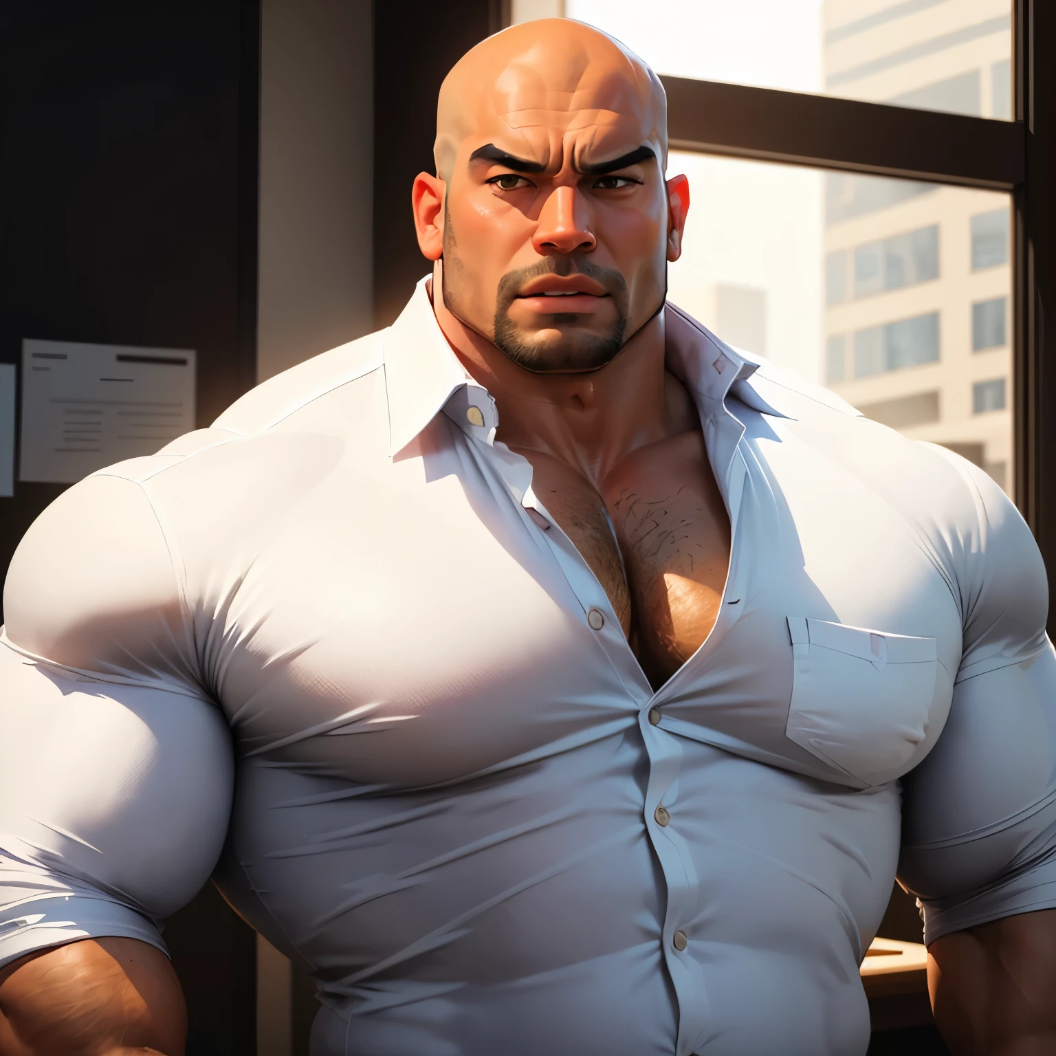 an exaggeratedly muscular and large bald bodyguard, beefy build, mixed race, surprised expression, (wearing white business casual shirt: 1.2), name tag, (bara pecs: 1.3), (arm and chest hair: 1.1), close-up portrait HD, bright corporate office with large windows