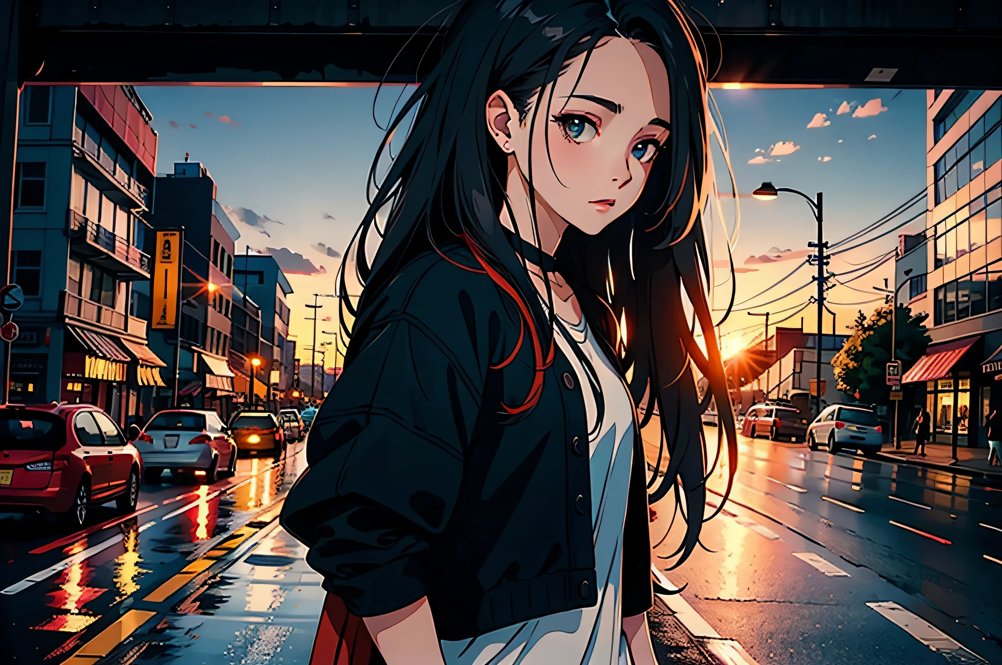Woman standing on the road with long hair, nice art style, hidden hand, better quality, 8K, smartphone, influencer, sunset